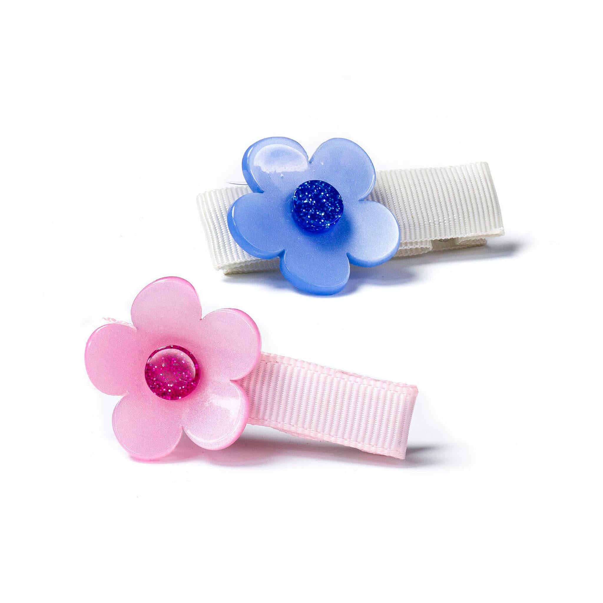 Flower Vania Baby in Satin Blue and Light Pink Hair Clips