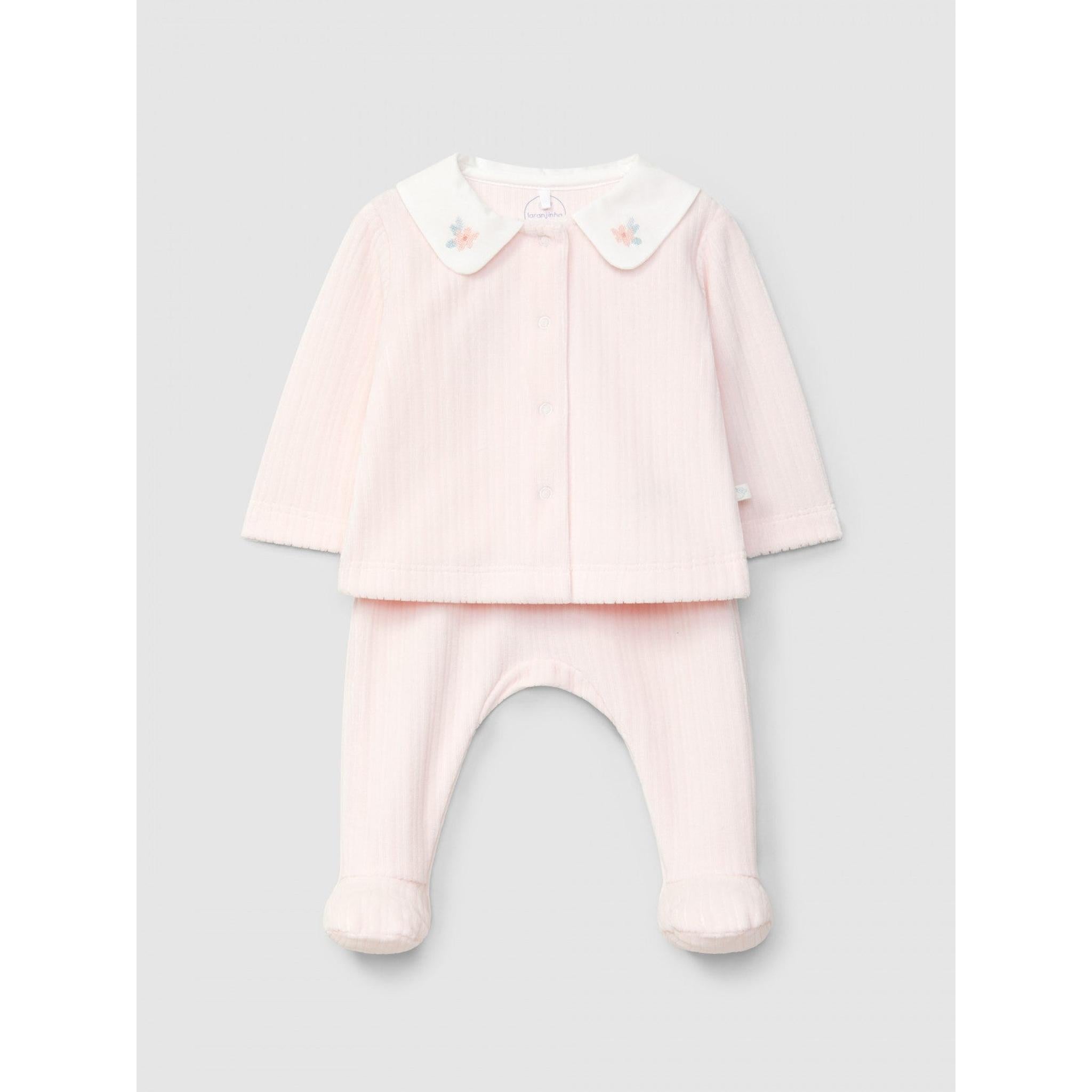 Two-piece romper in ribbed velvet with embroidered flower detail