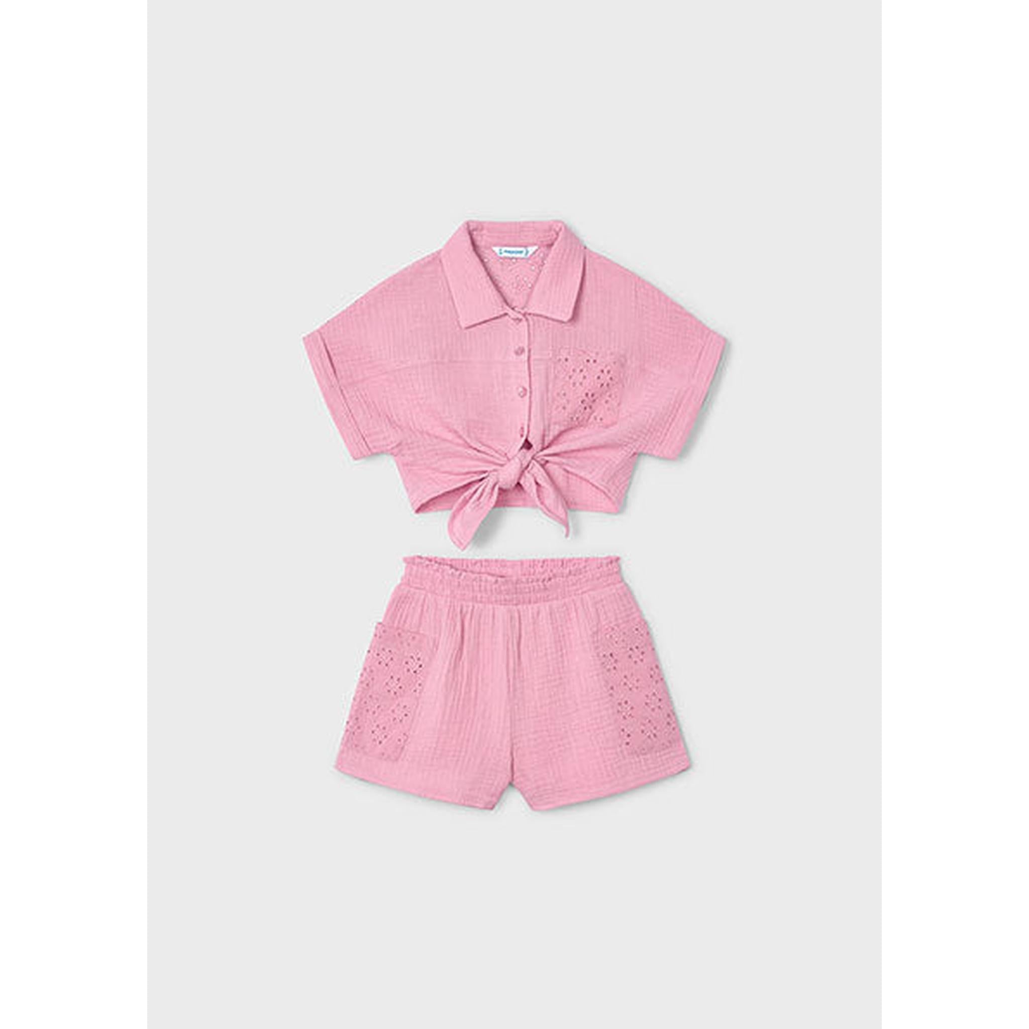 Girl Eyelet Shorts and Blouse Set - Pink
