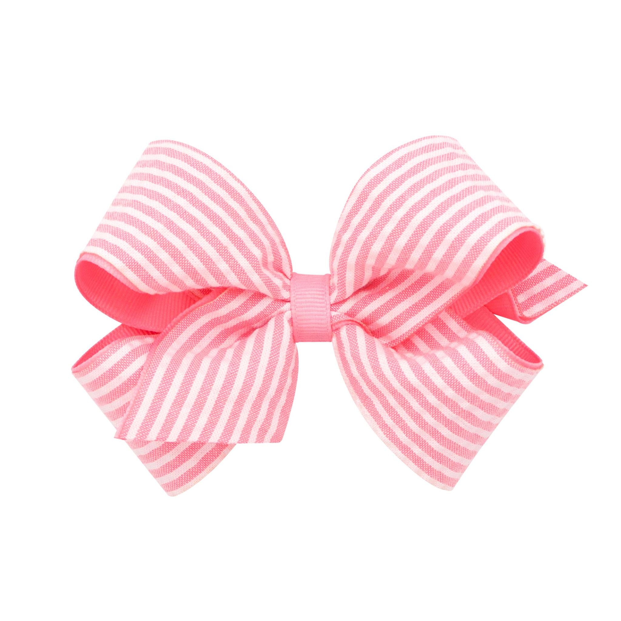 Medium Genuine Seersucker Fabric Grosgrain Overlay Hair Bow