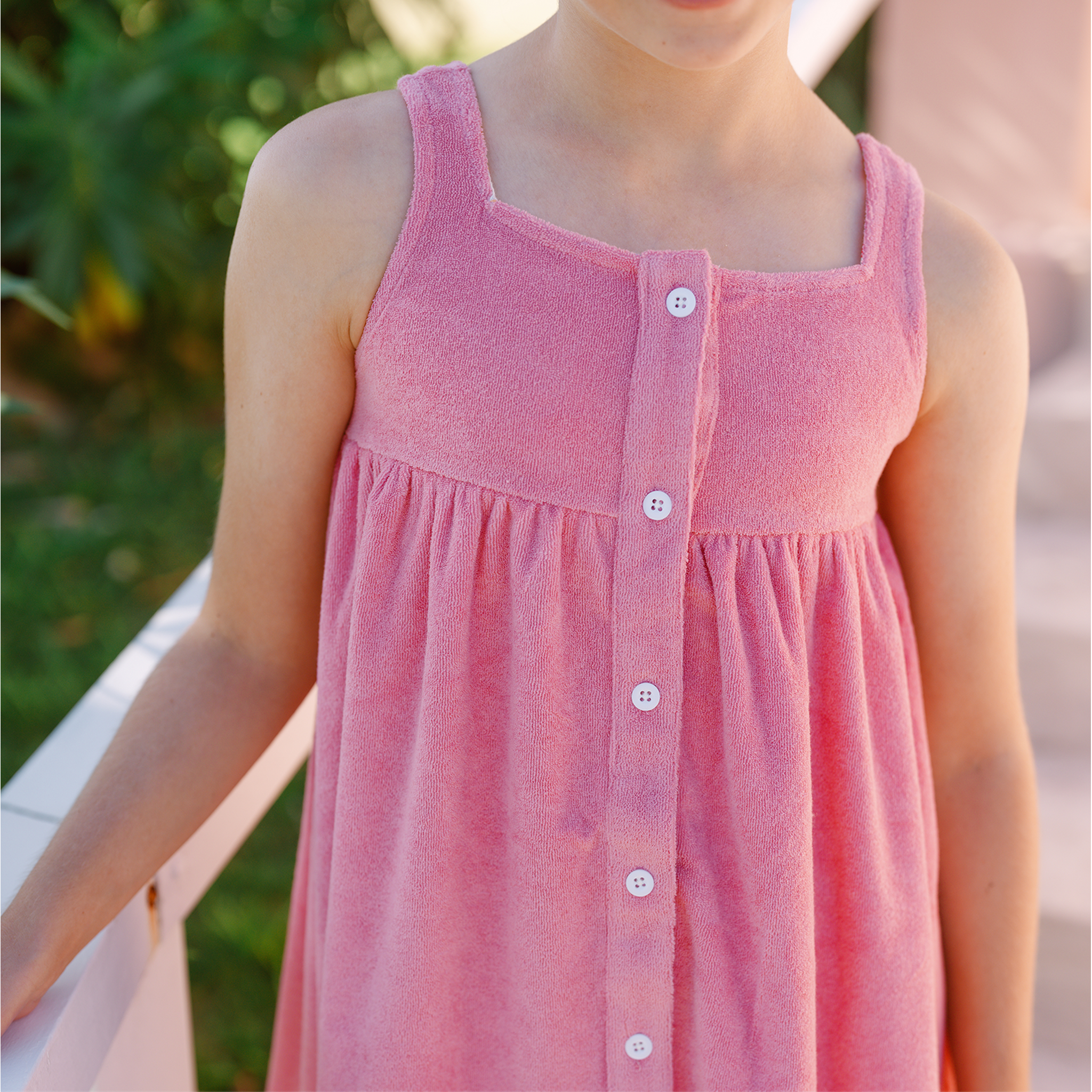 pink sands french terry square neck button up dress