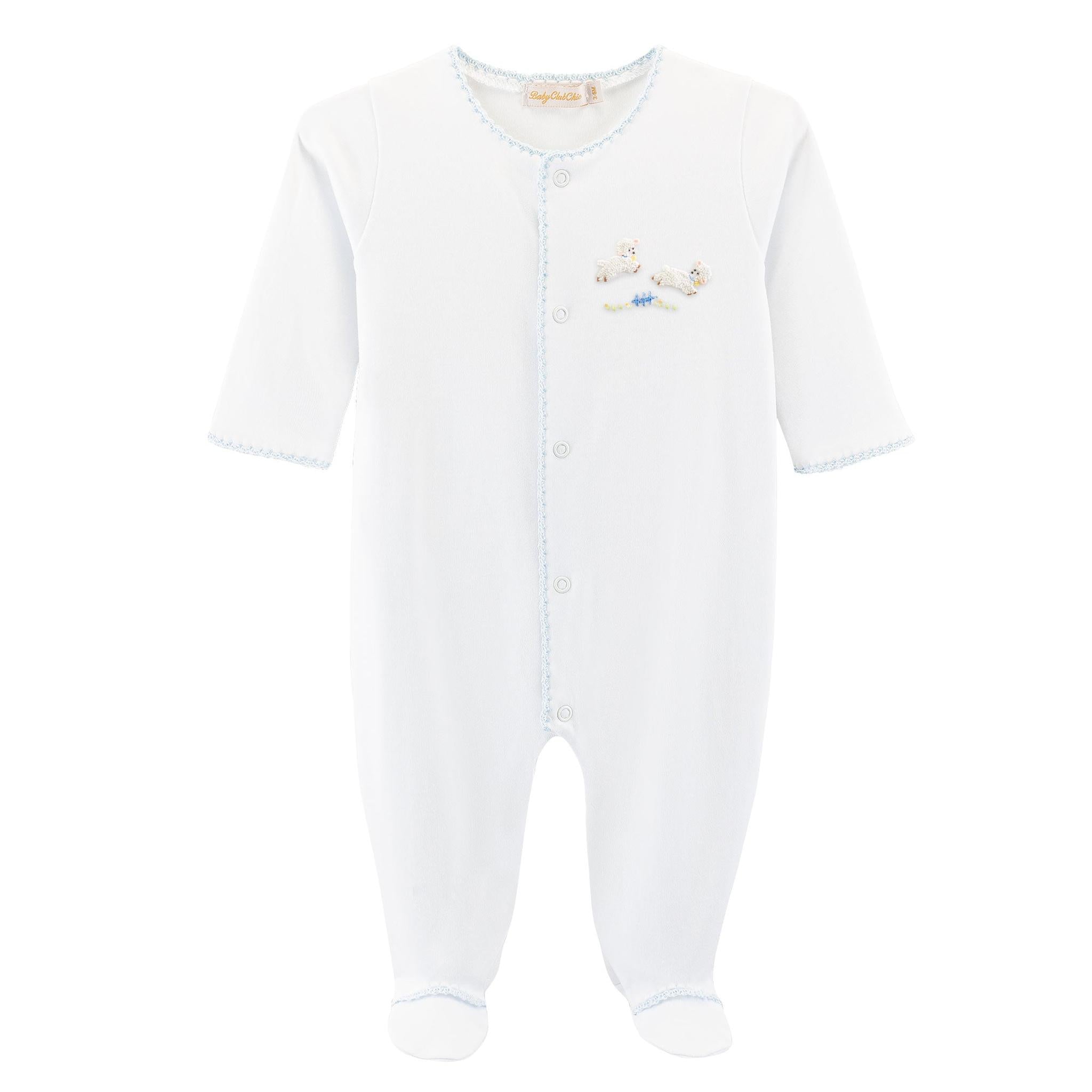 baby lambs - blue footie w/crochet trim