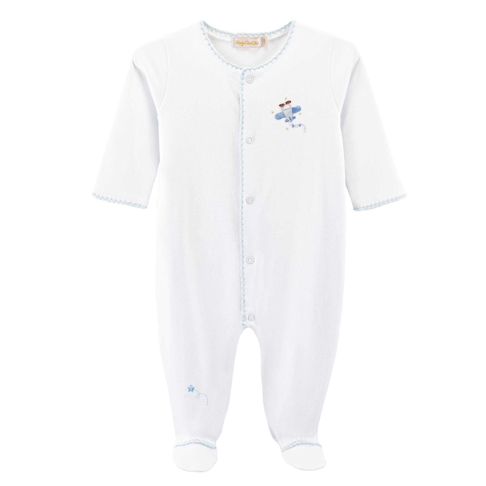 sky adveture footie w/crochet trim