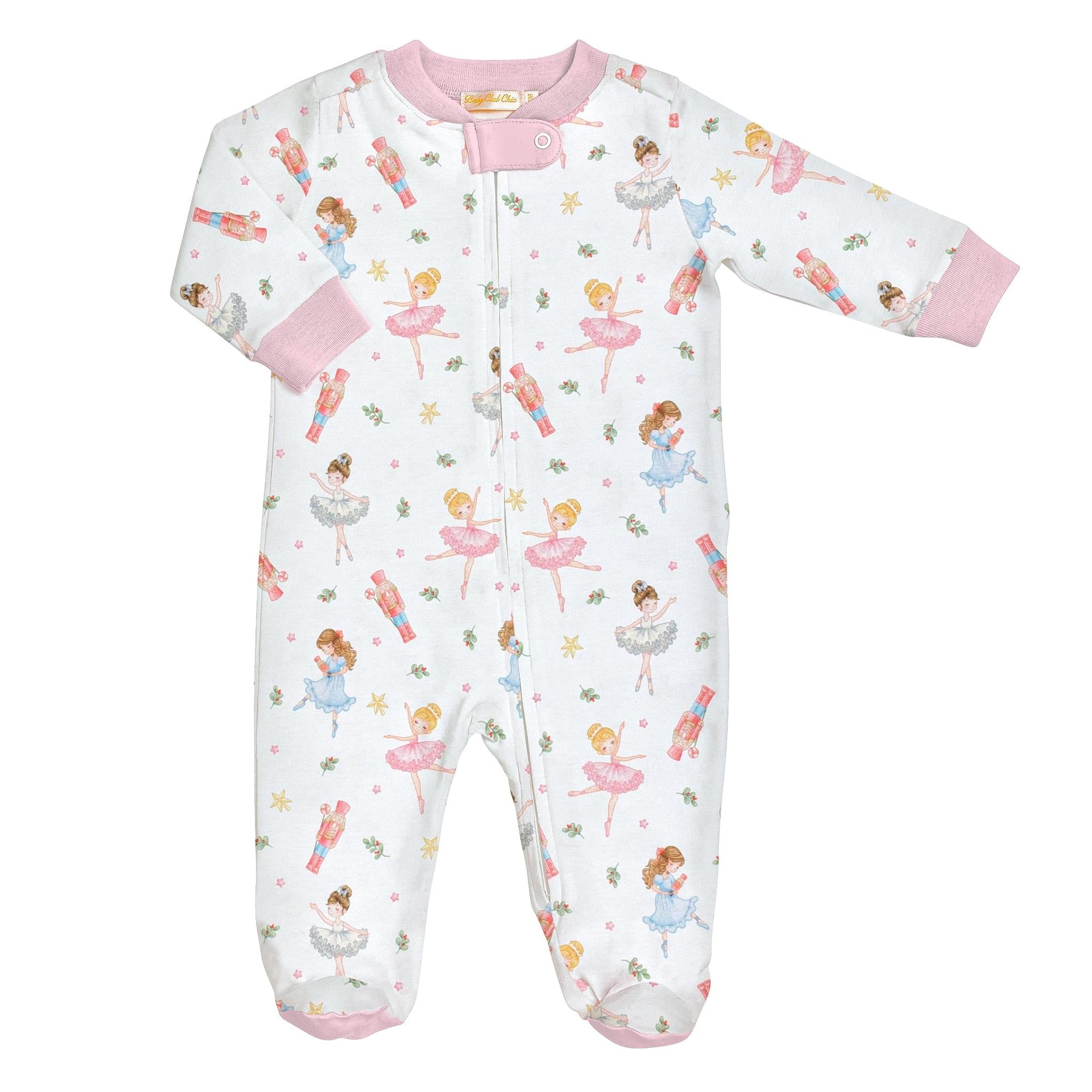 pink nutcracker printed zipped footie