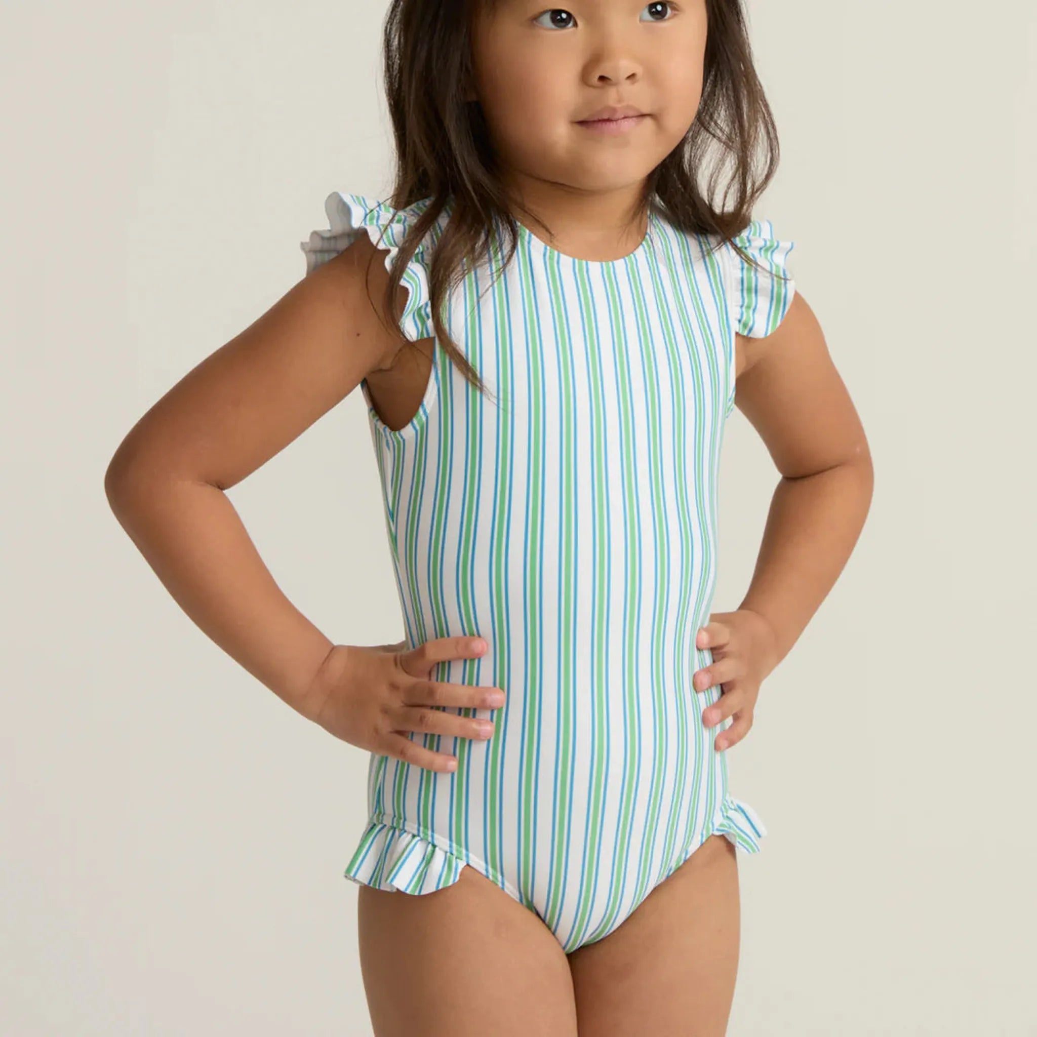 Girls Tamarin Stripe Ruffle Cap Sleeve Rashguard One Piece