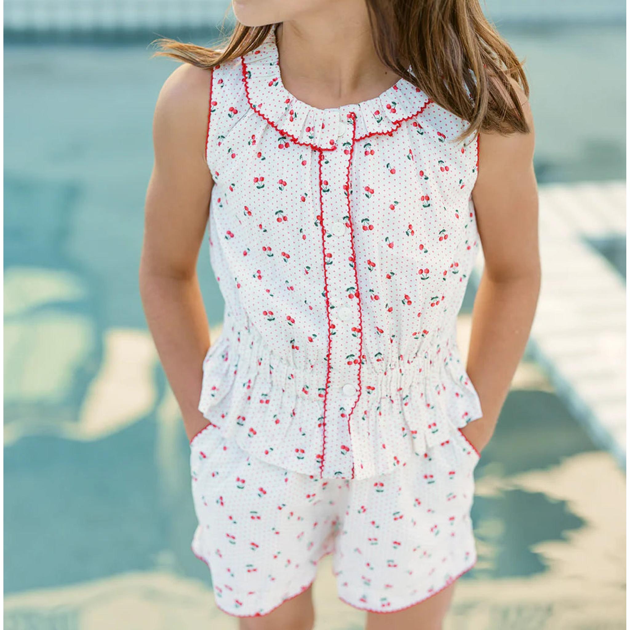 girls summer cherries gathered tank top and short set