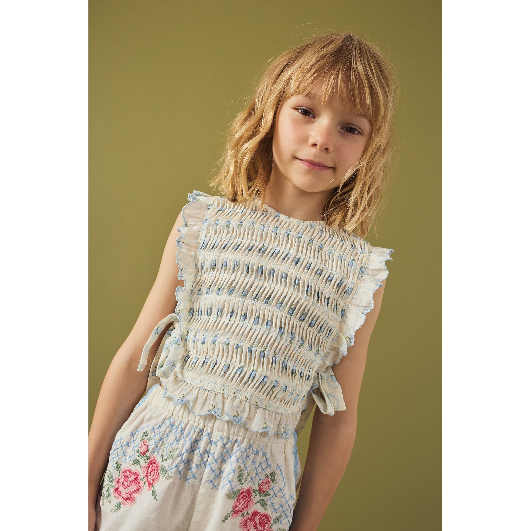 CASSIE RUFFLED TOP WITH SIDE TIES & ELLY CROSS-STITCH SHORTS WITH LACE TRIMS