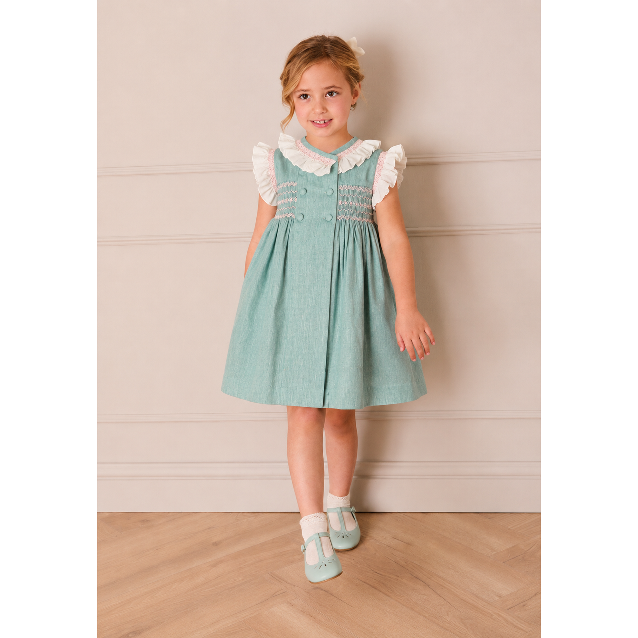 Green and Pink Linen Smock Dress