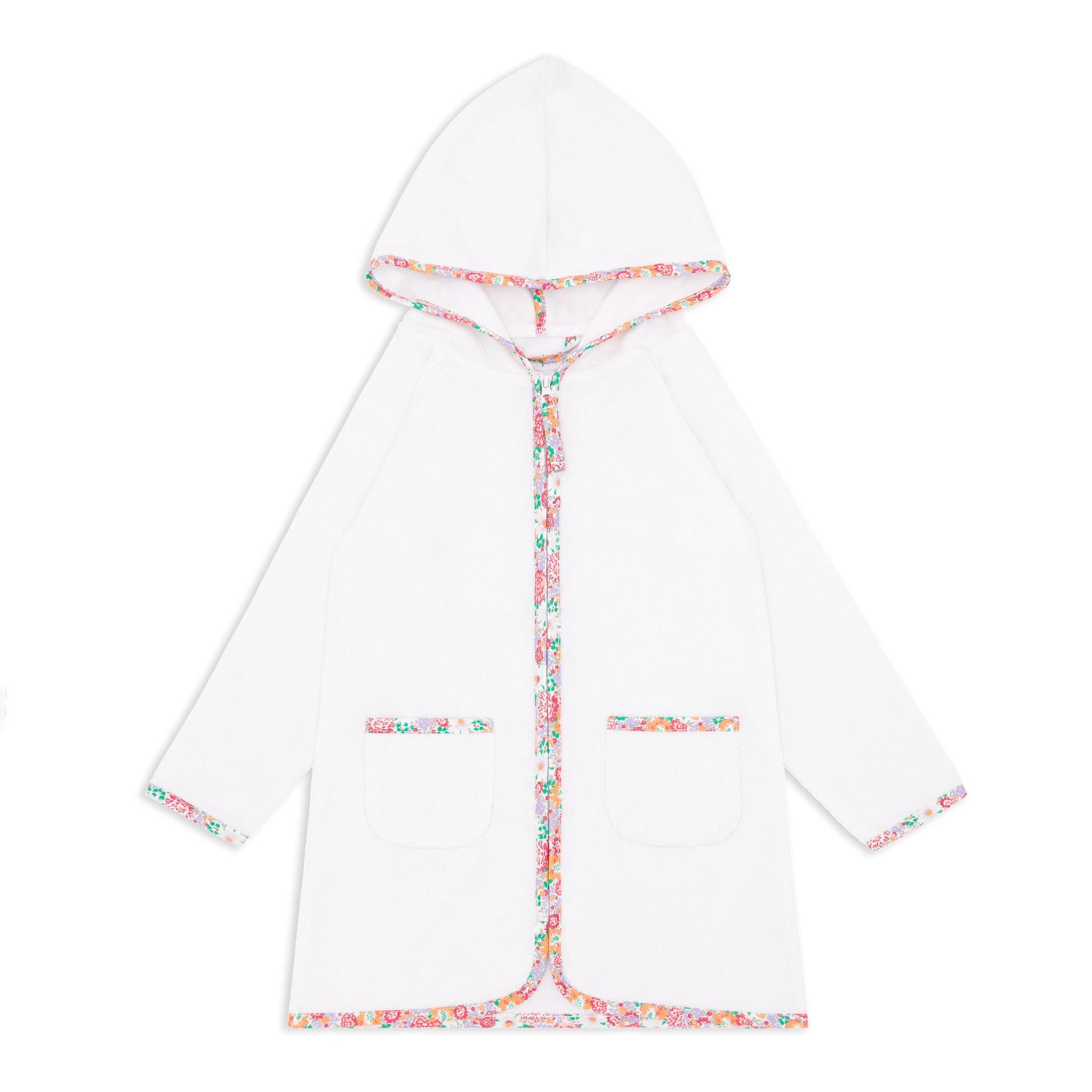 white french terry hooded zipper coverup with island blossom trim