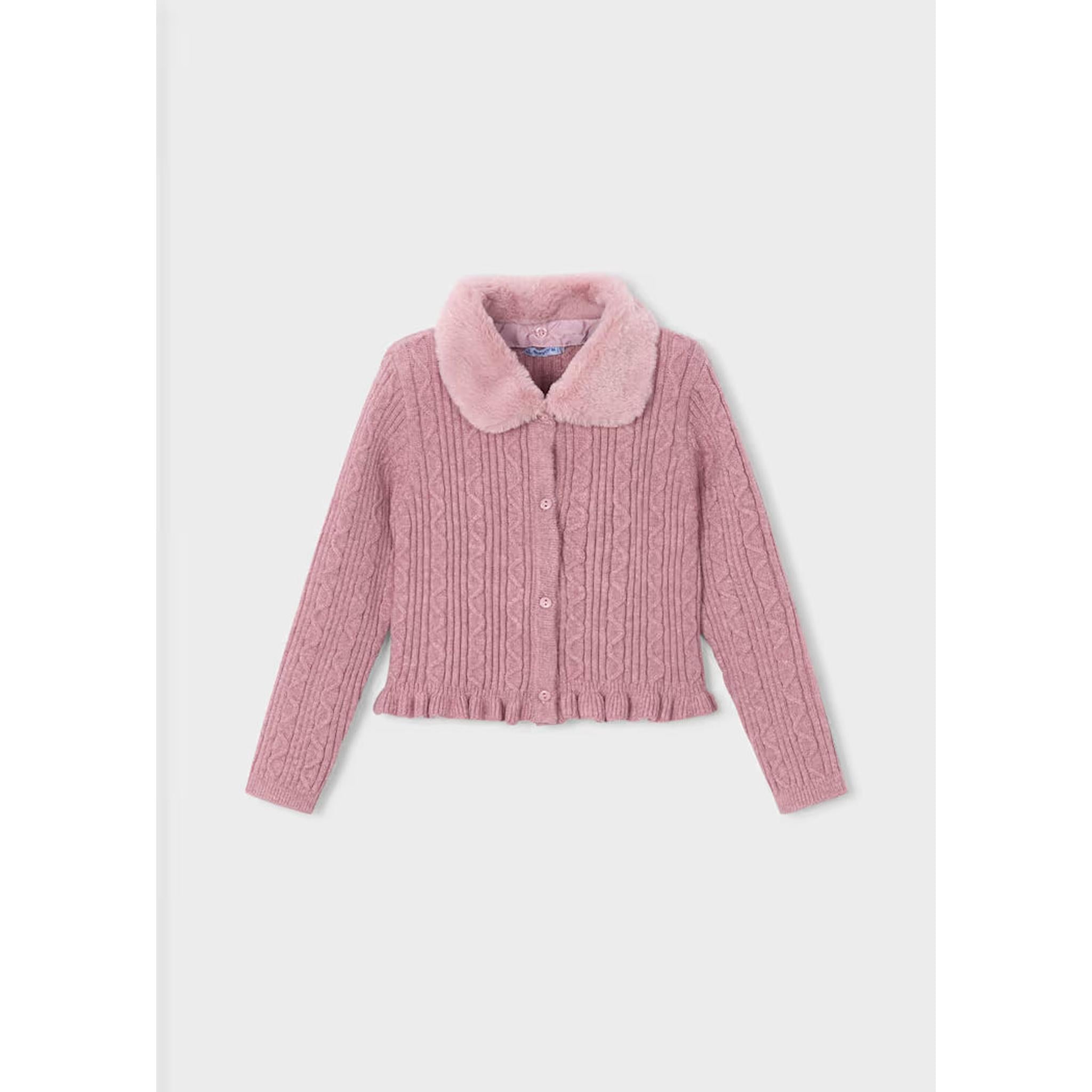 Girl Knit Cardigan With Faux Fur Collar