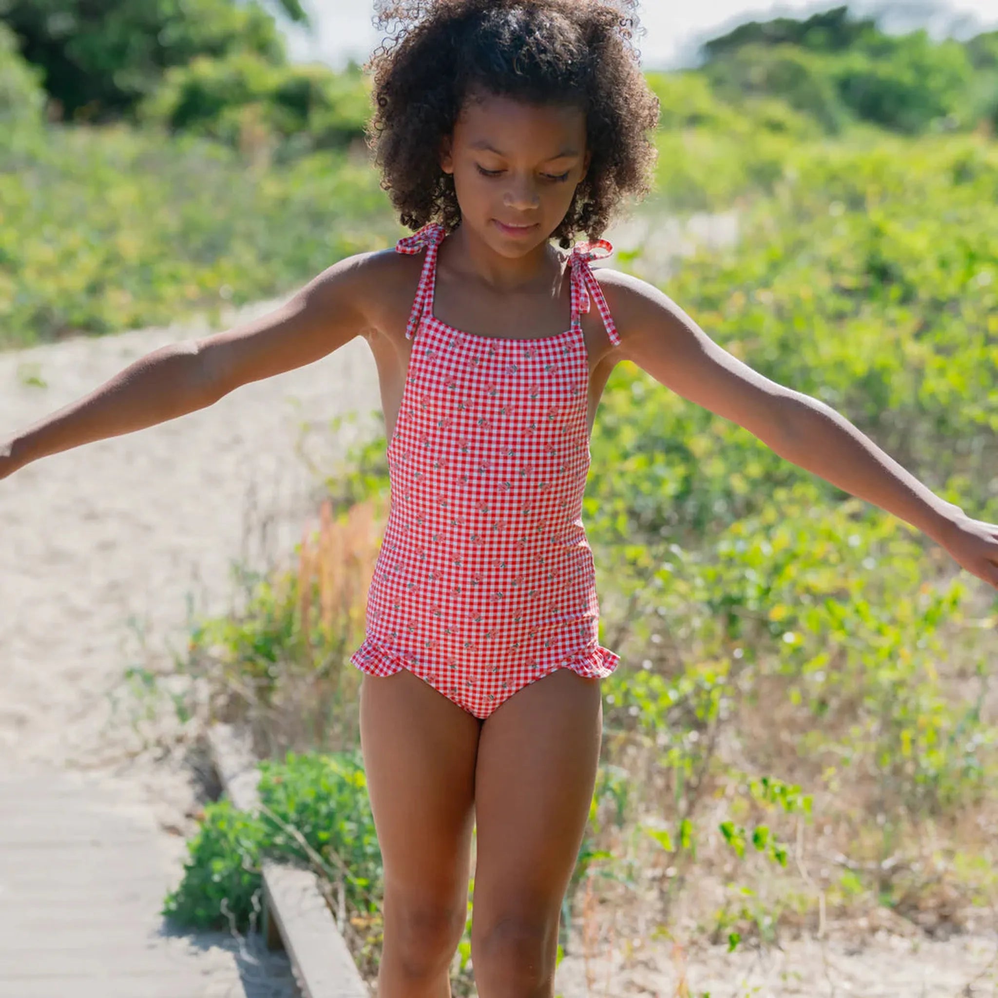 Girls Floral Gingham Front Tie Strap Halter One Piece