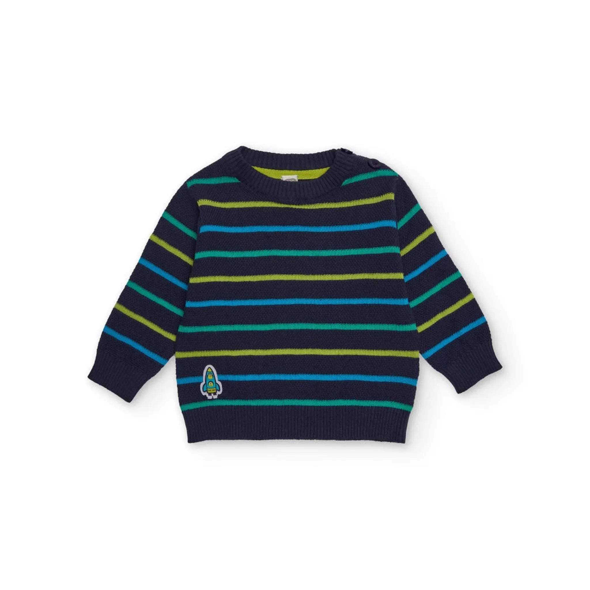 Suéter de punto para niño en azul marino con rayas de colores