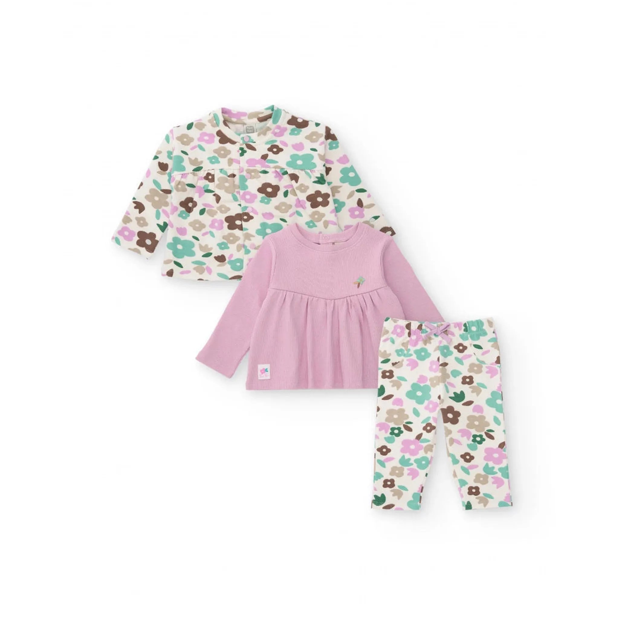 Three-piece set for newborn with floral print in pastel tones