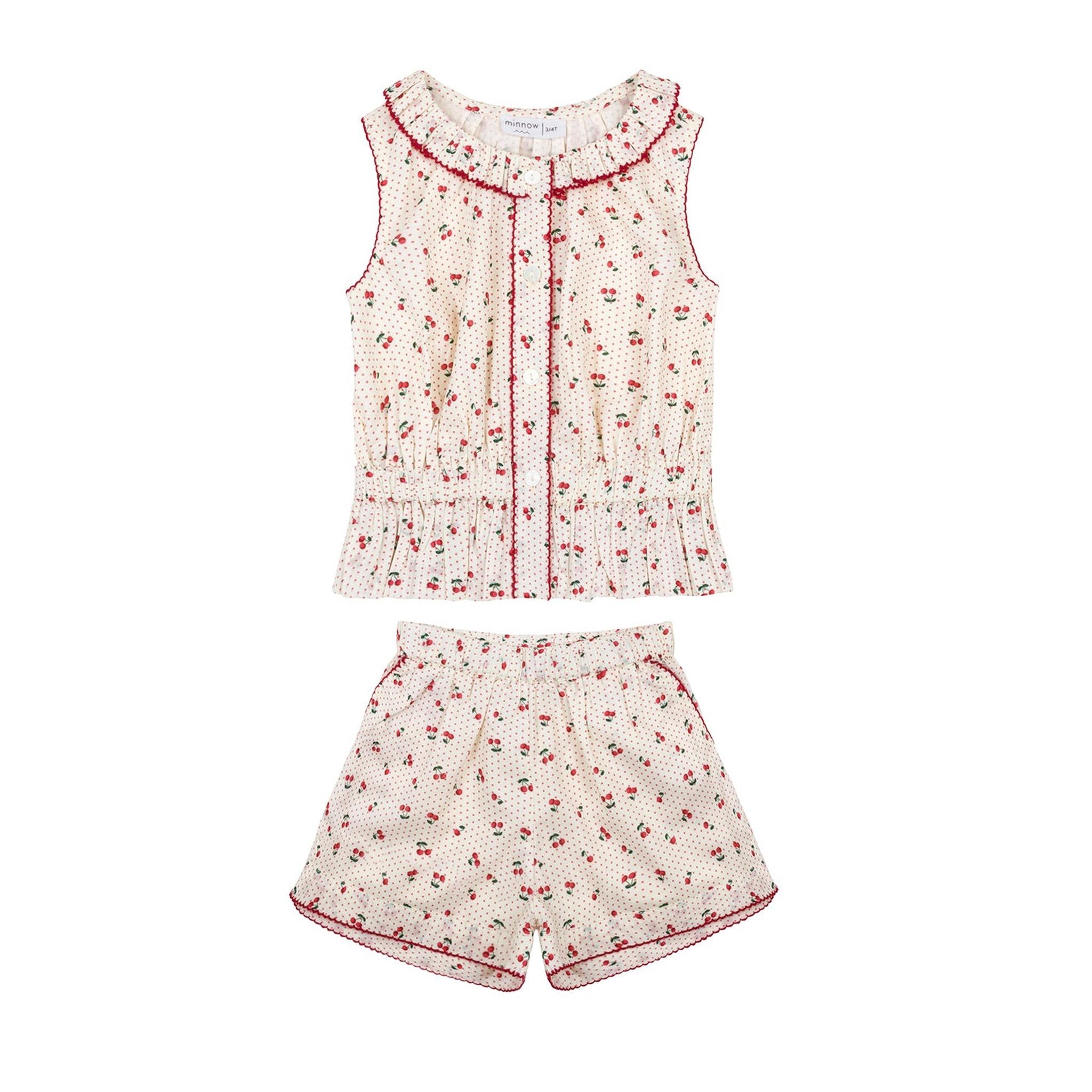 girls summer cherries gathered tank top and short set