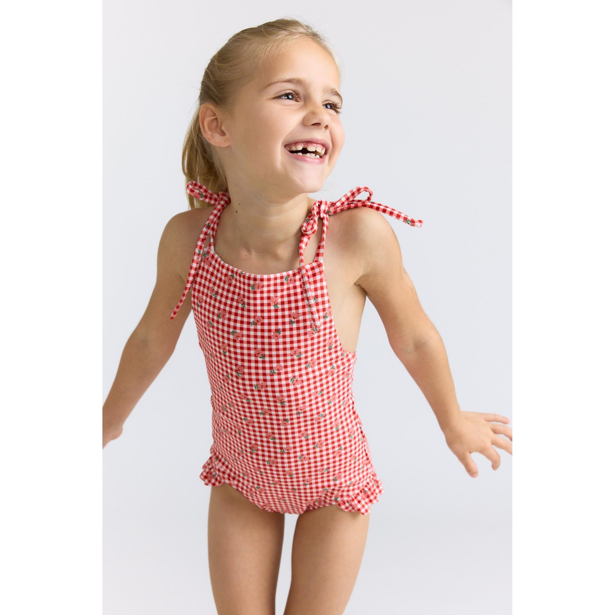 Girls Floral Gingham Front Tie Strap Halter One Piece