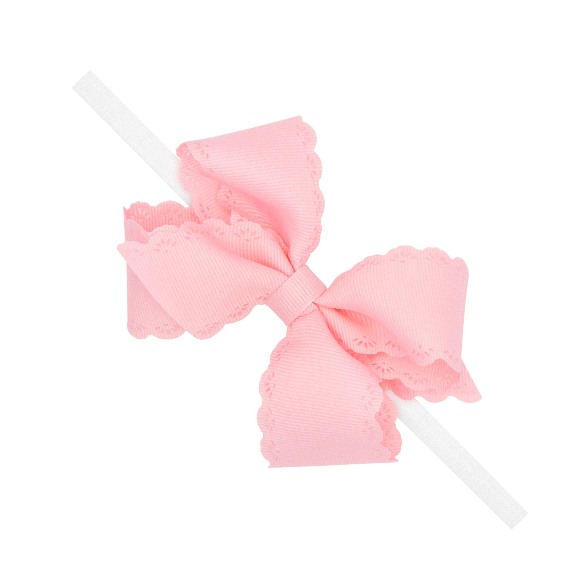 Small Grosgrain Hair Bow with Embossed Eyelet Edge on White Nylon Band