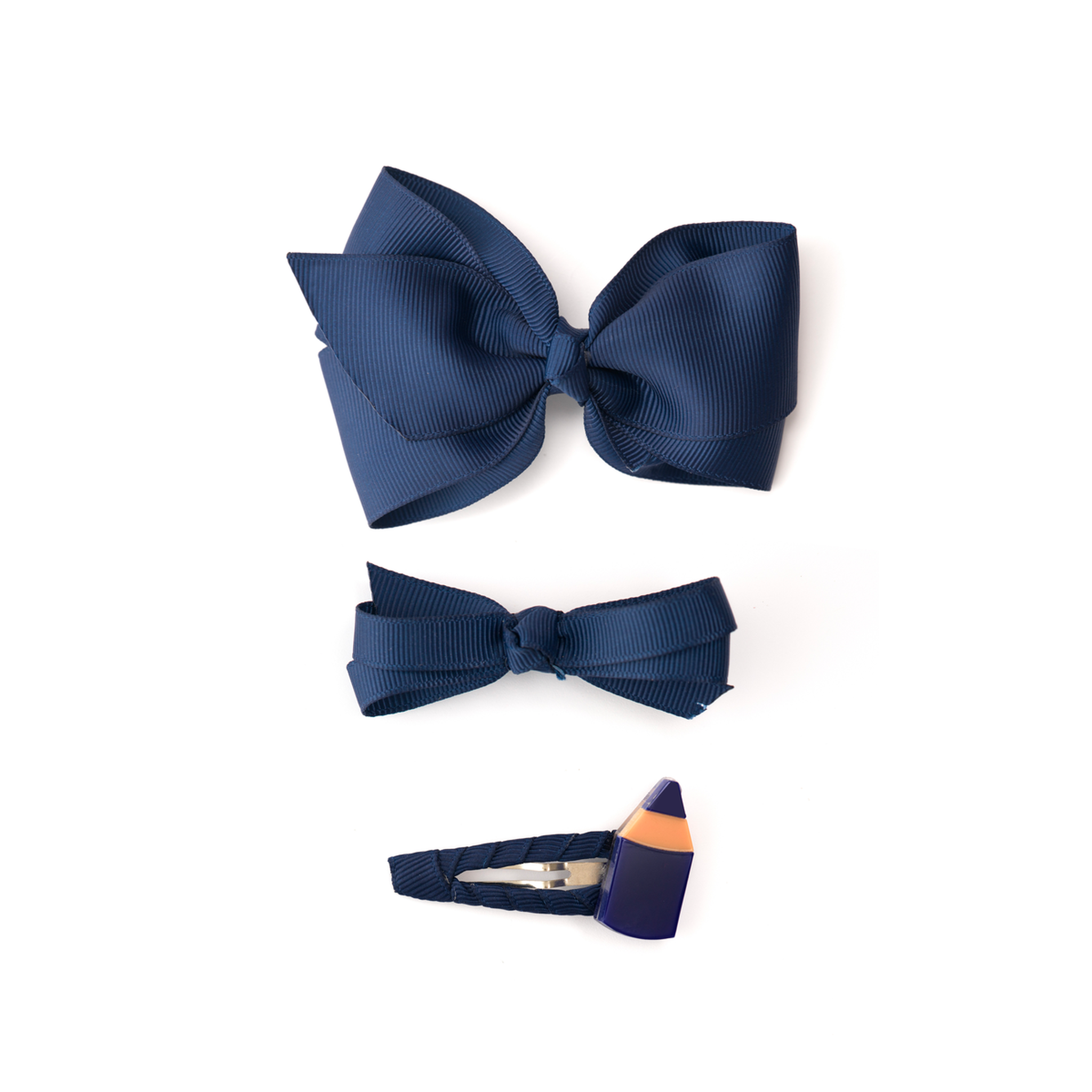 Pencil and Fabric Bows Navy Hair Clips Set