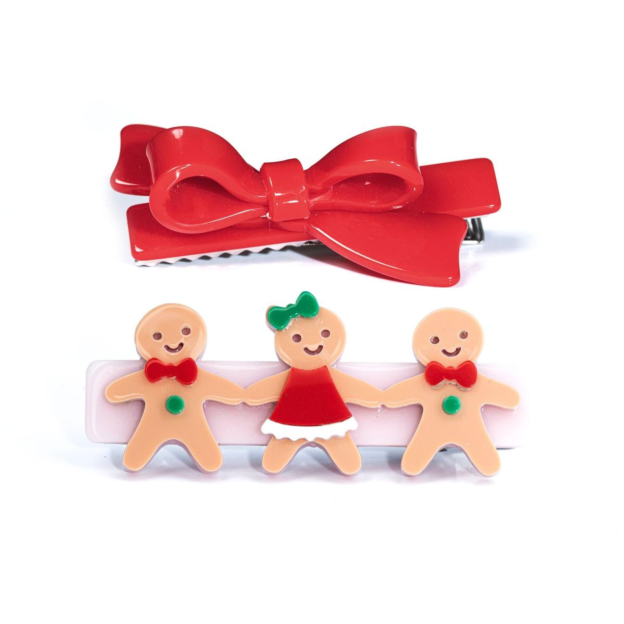 Gingerbread Friends Red Bow Hair Clips