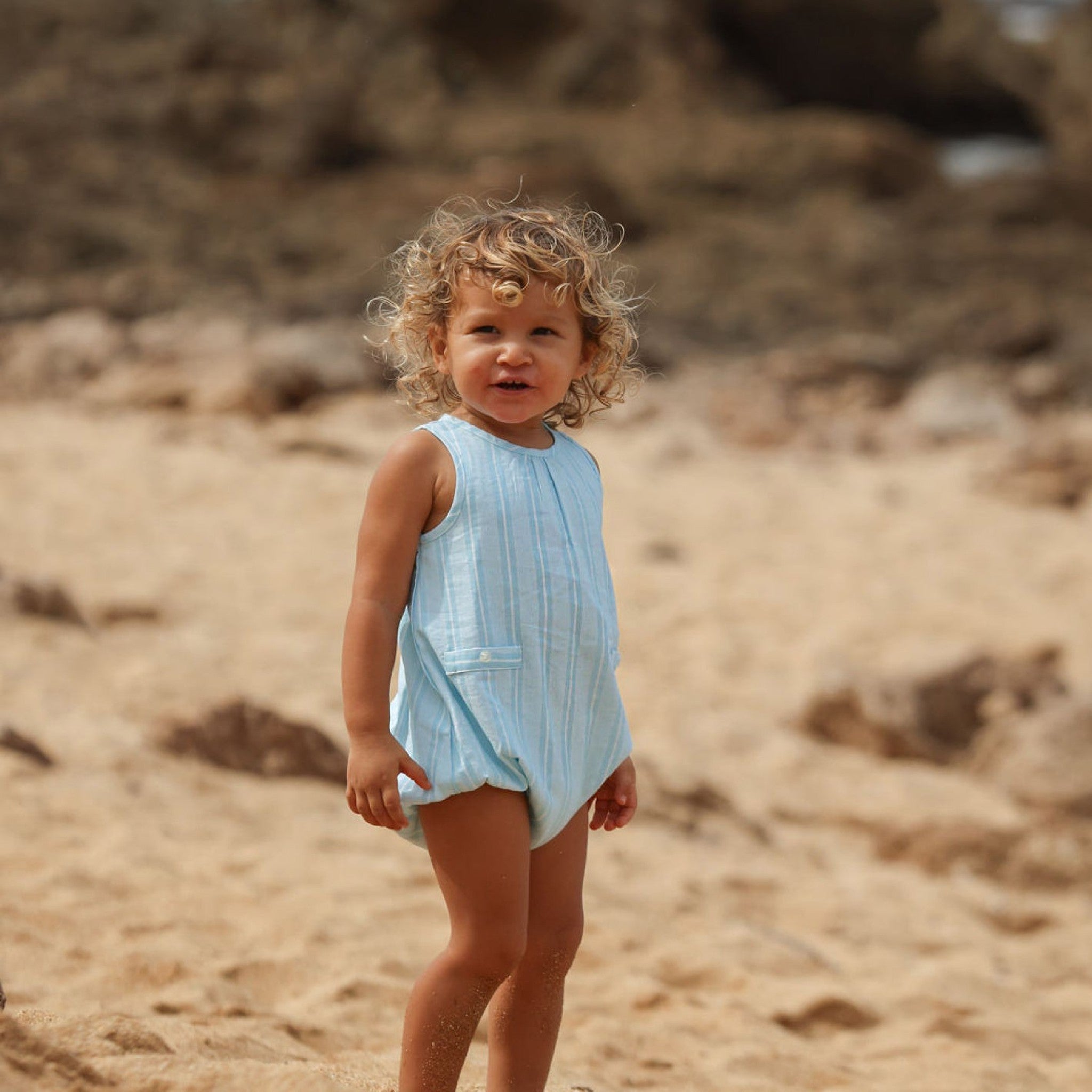 baby pacific blue stripe bubble romper