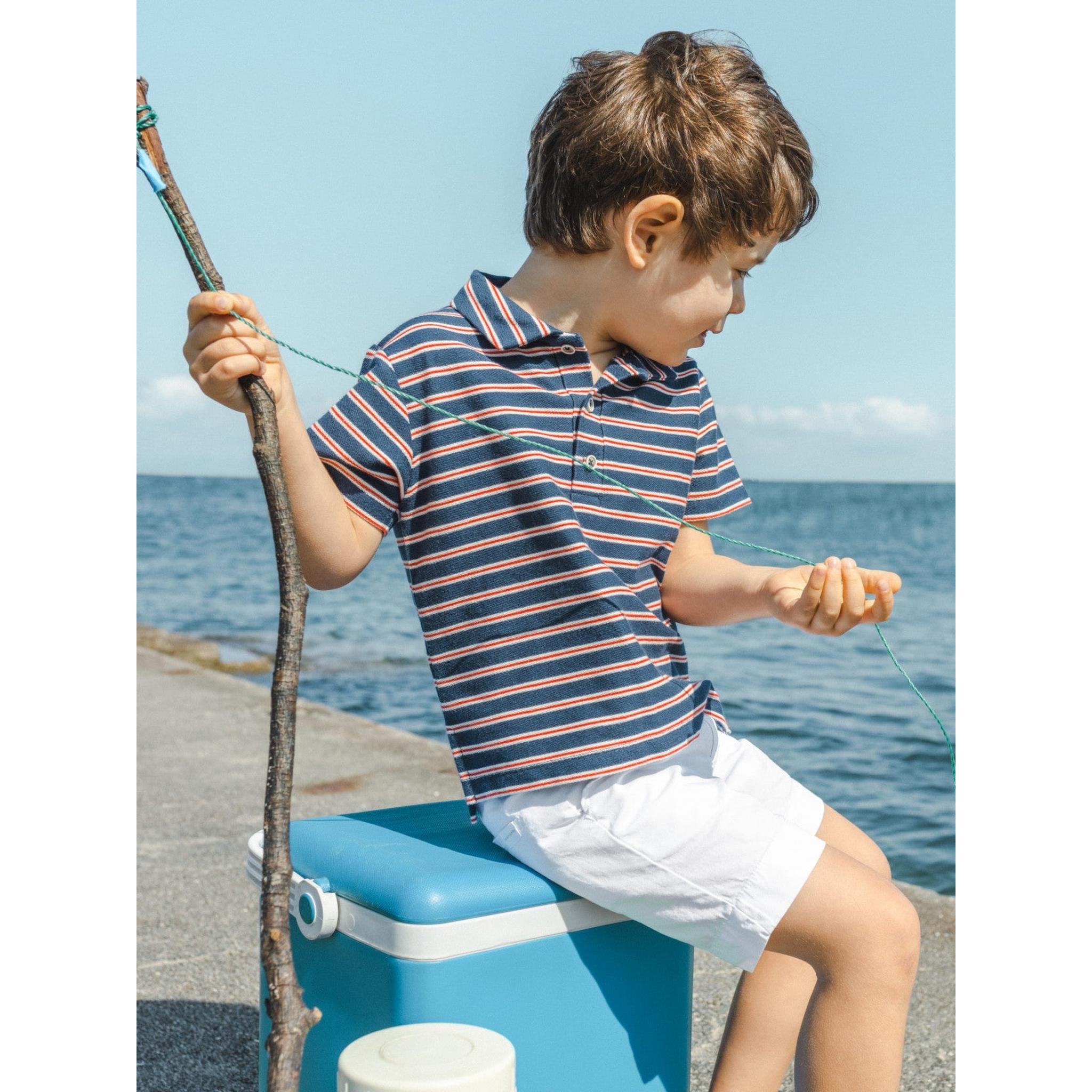 Polo shirt in multi-coloured striped plush - navy