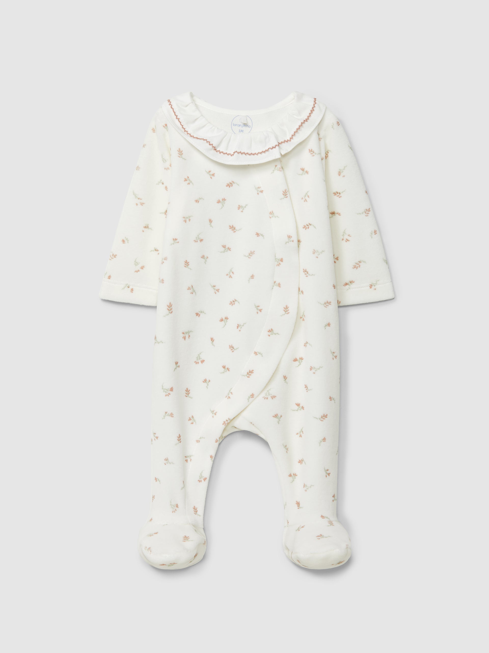 Babygrow in floral print velvet and ruffled collar