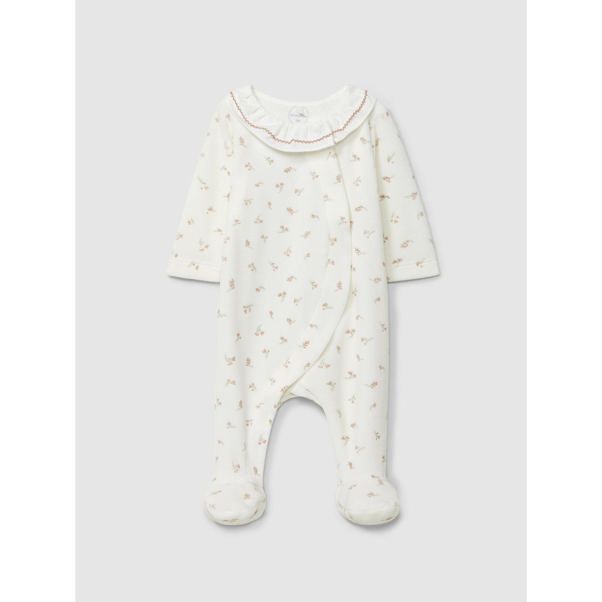 Babygrow in floral print velvet and ruffled collar