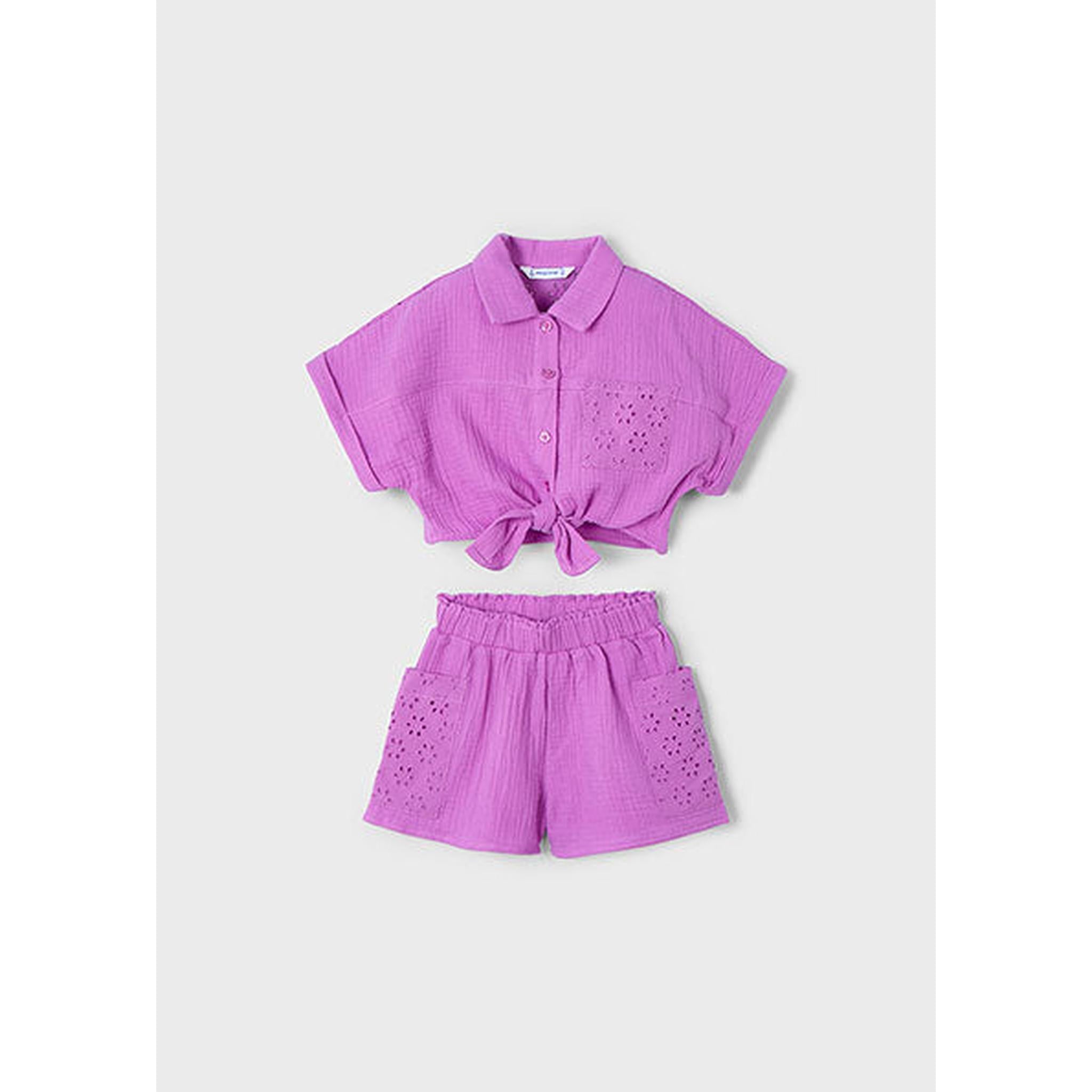 Girl Eyelet Shorts and Blouse Set - Purple