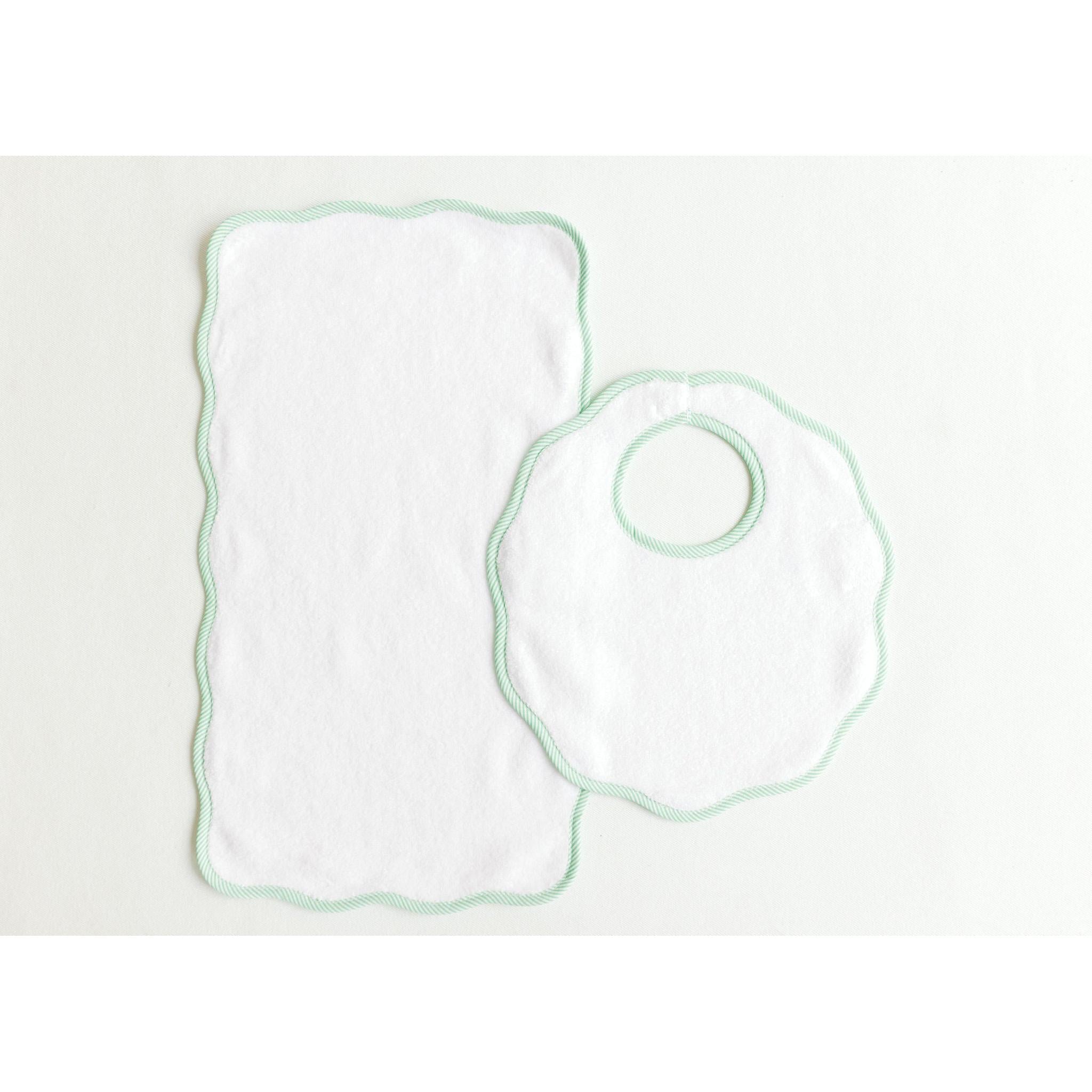 Bib & Burp – Green Stripe Scalloped Edge
