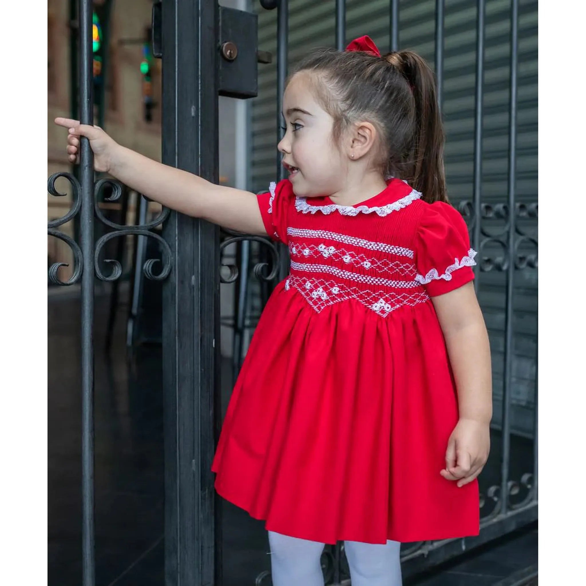 Red Valencienne Smocked Dress