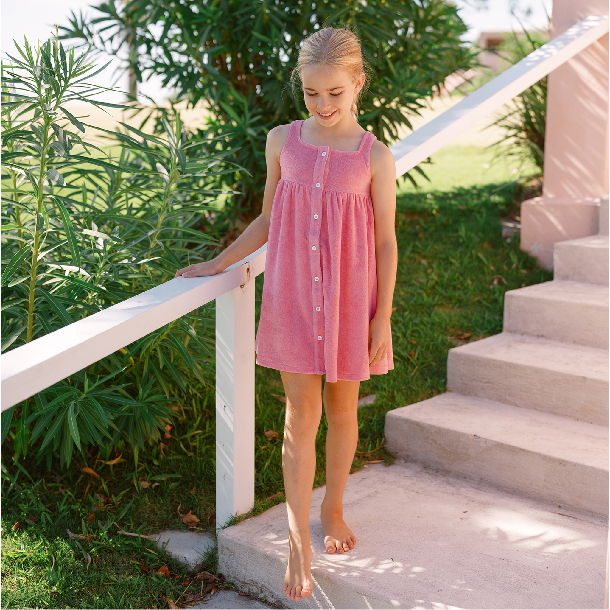 pink sands french terry square neck button up dress