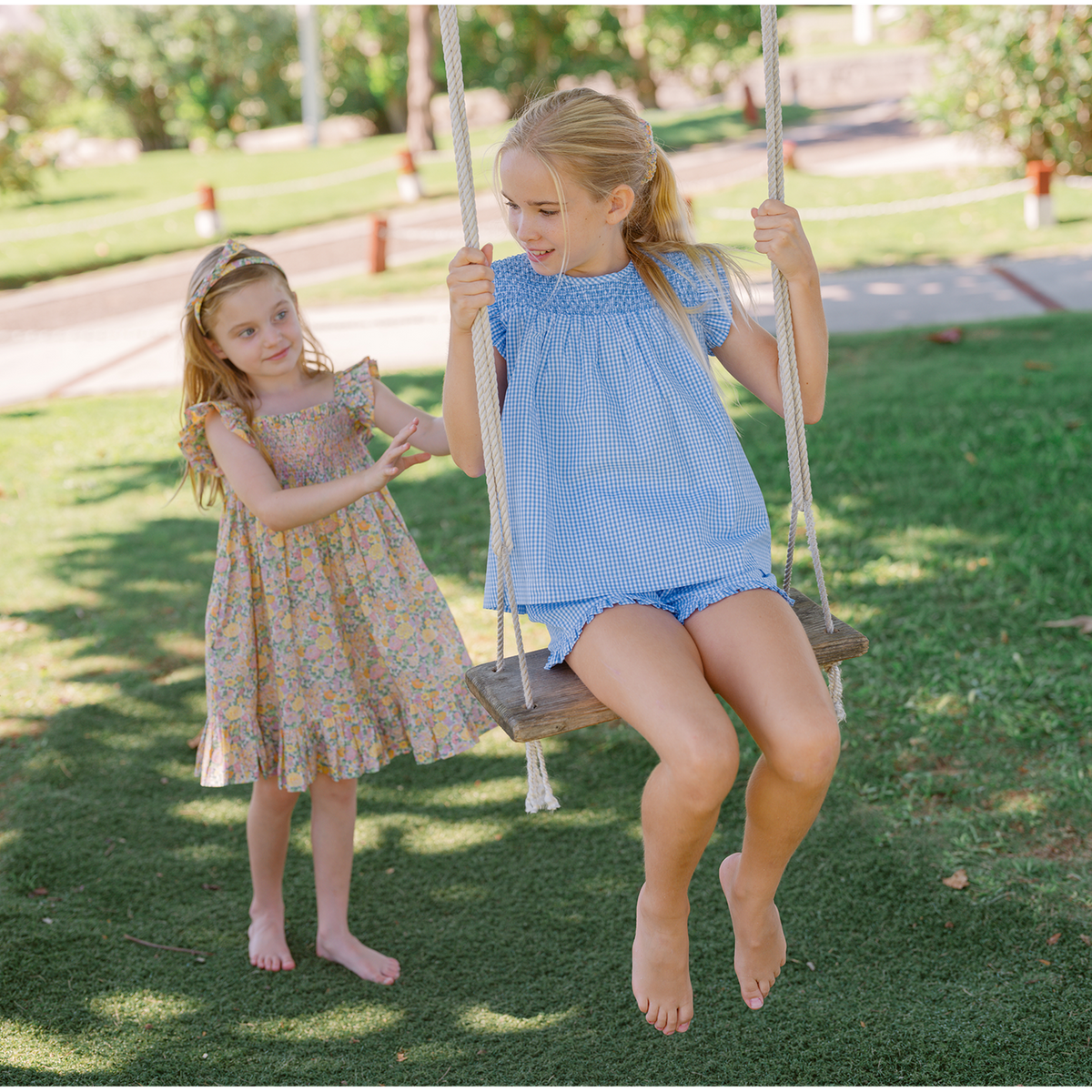 sky blue gingham smocked top and short set