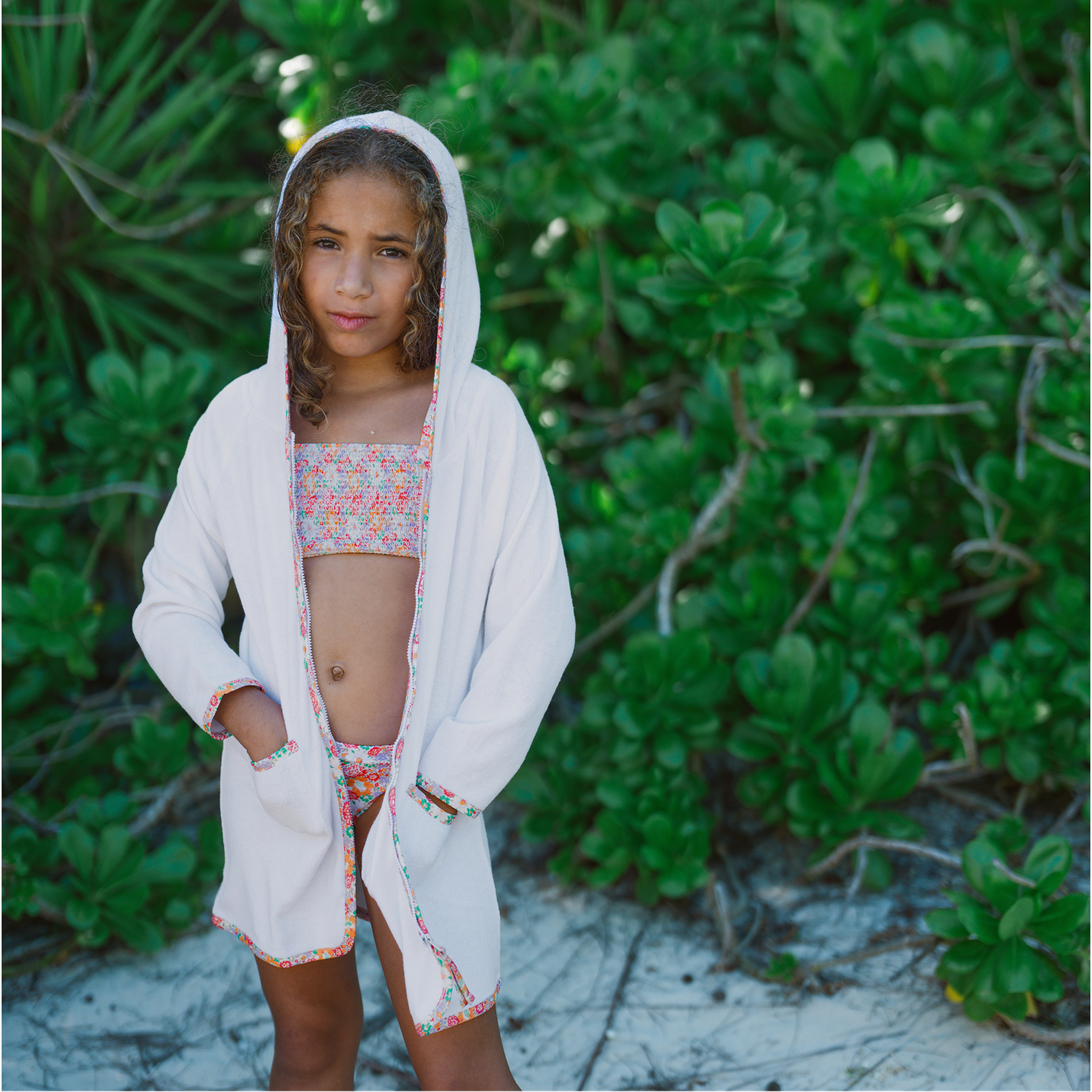white french terry hooded zipper coverup with island blossom trim