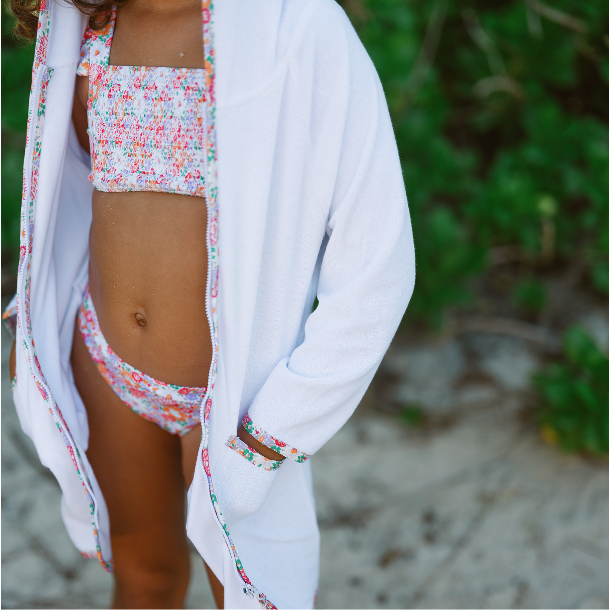 white french terry hooded zipper coverup with island blossom trim