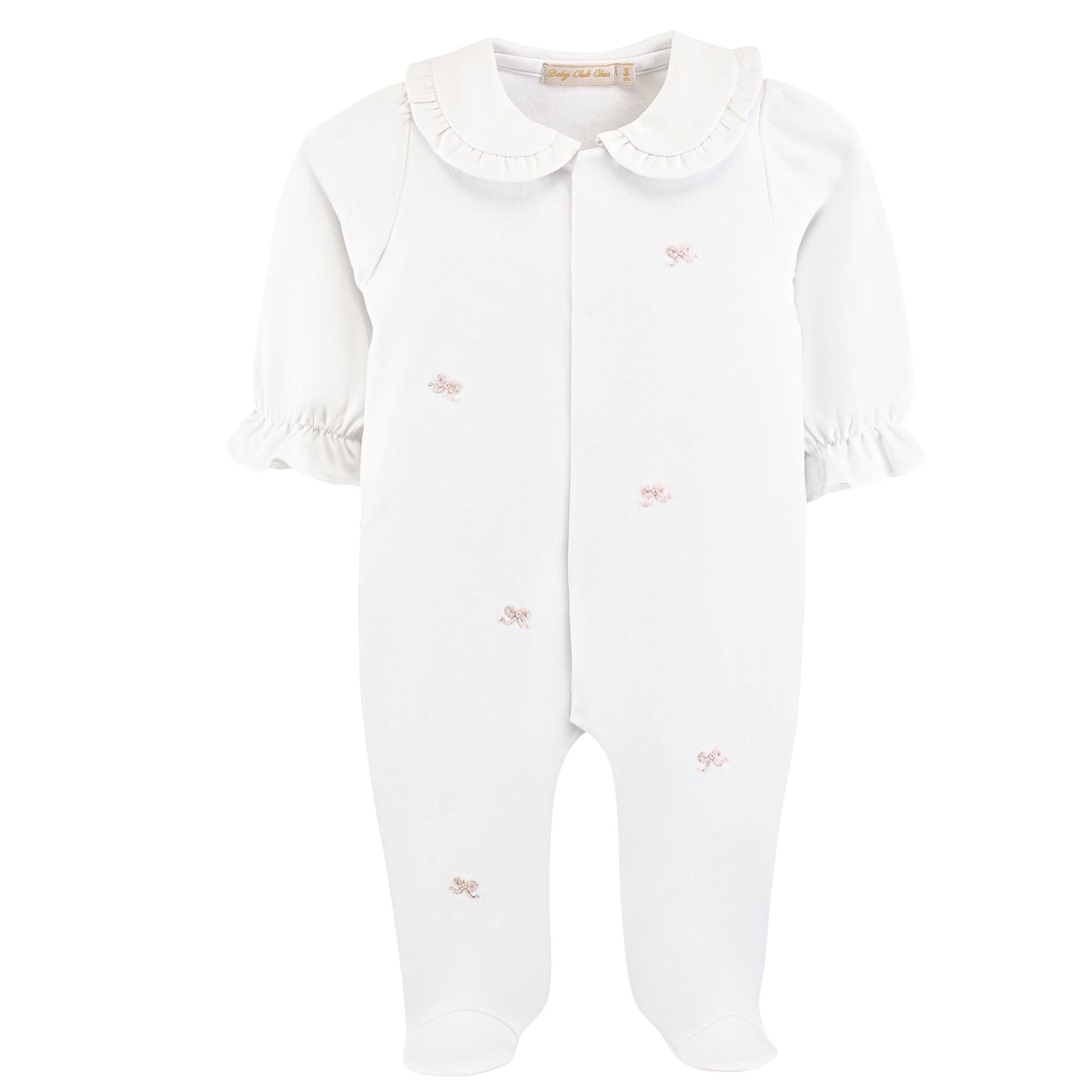little bows collared footie w/all over embroidery