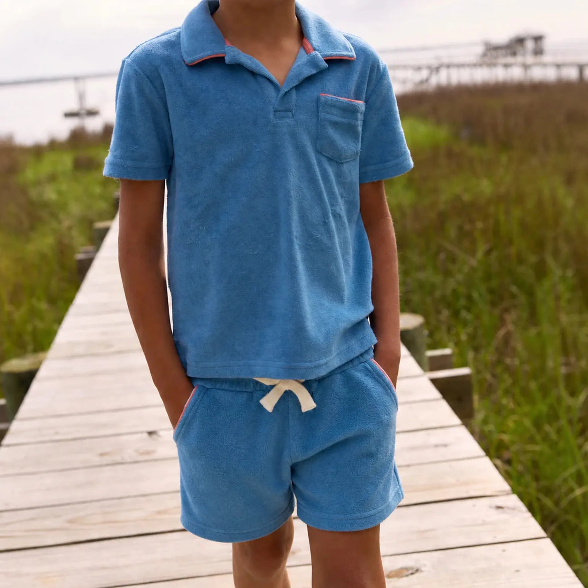 boys cerulean blue french terry short set