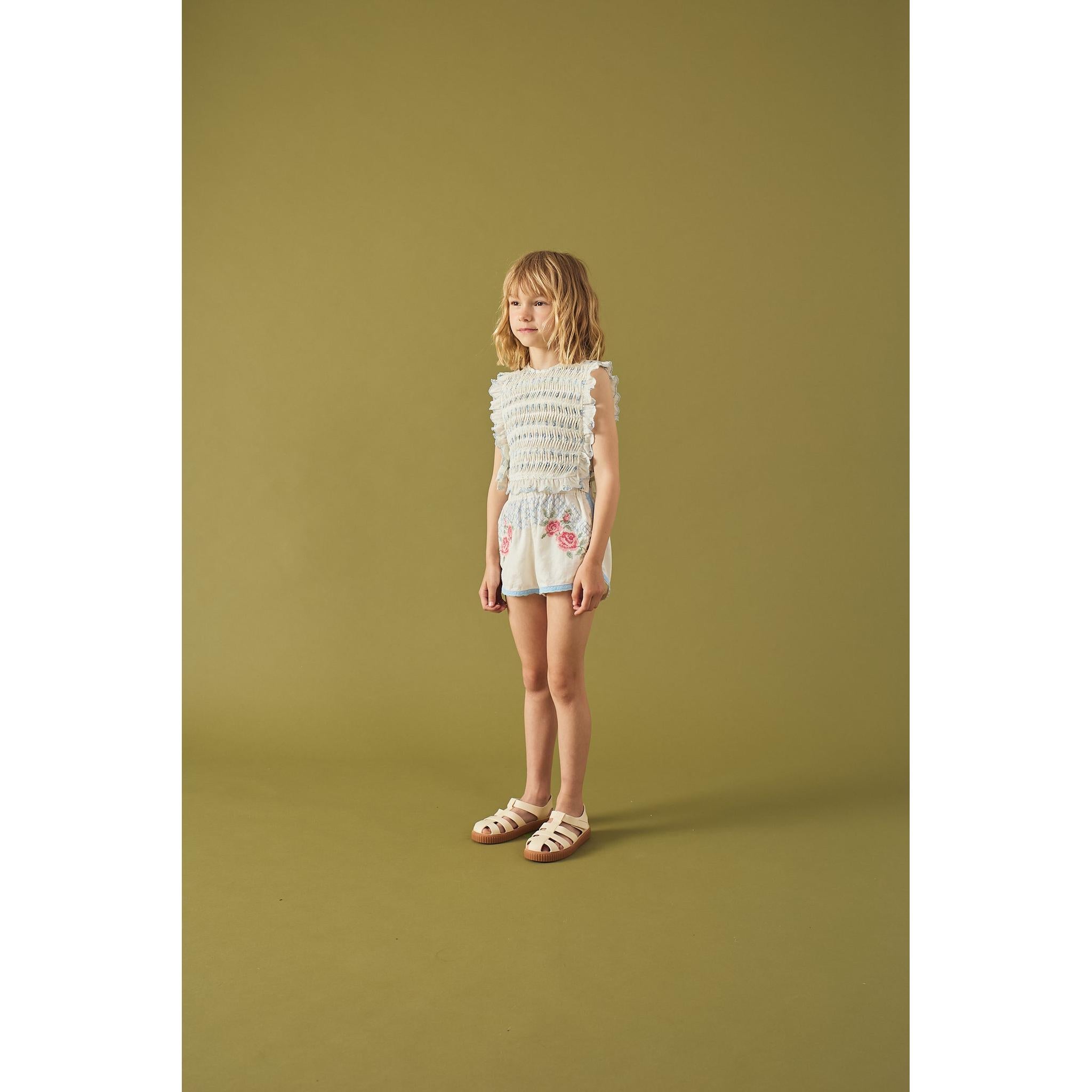 CASSIE RUFFLED TOP WITH SIDE TIES & ELLY CROSS-STITCH SHORTS WITH LACE TRIMS