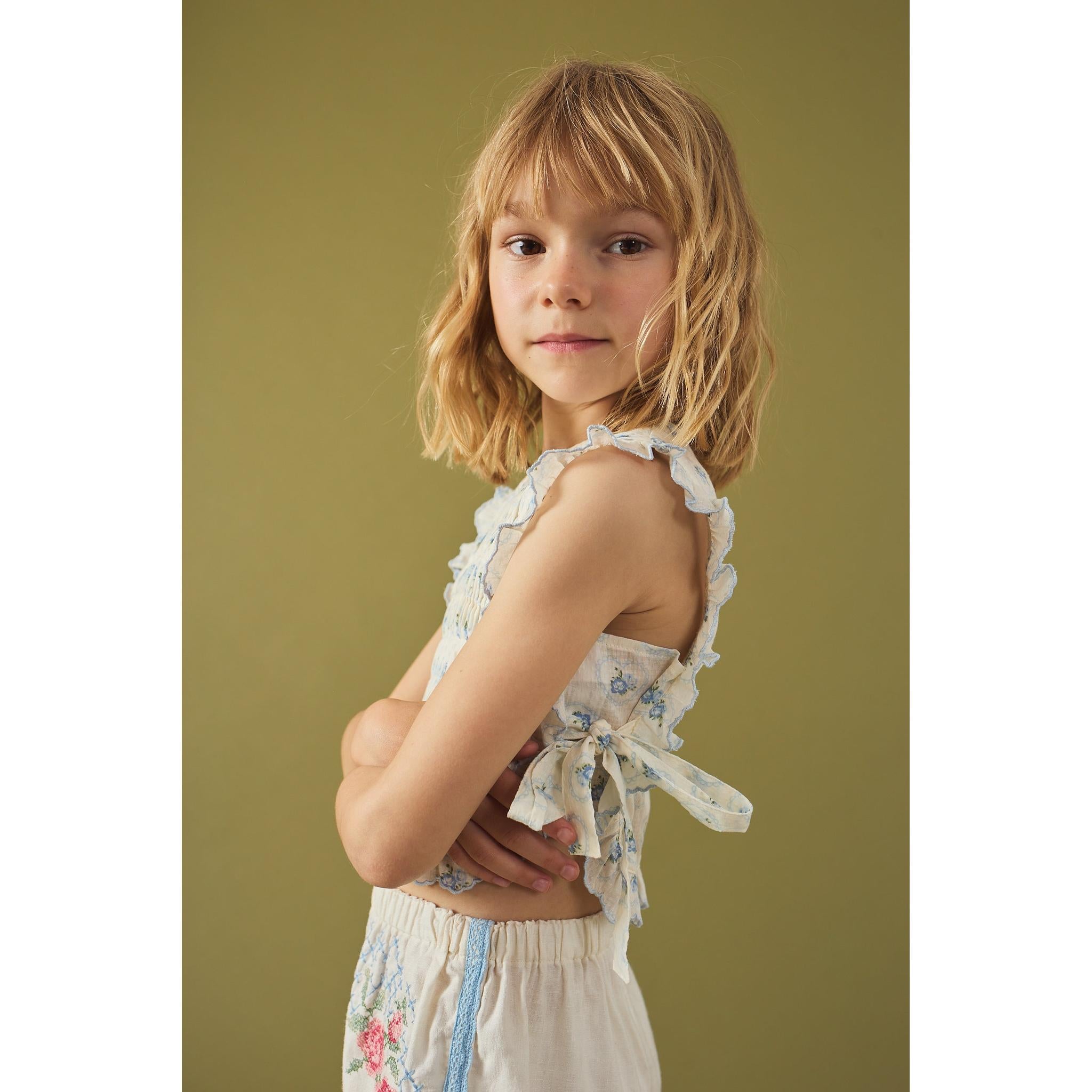 CASSIE RUFFLED TOP WITH SIDE TIES & ELLY CROSS-STITCH SHORTS WITH LACE TRIMS