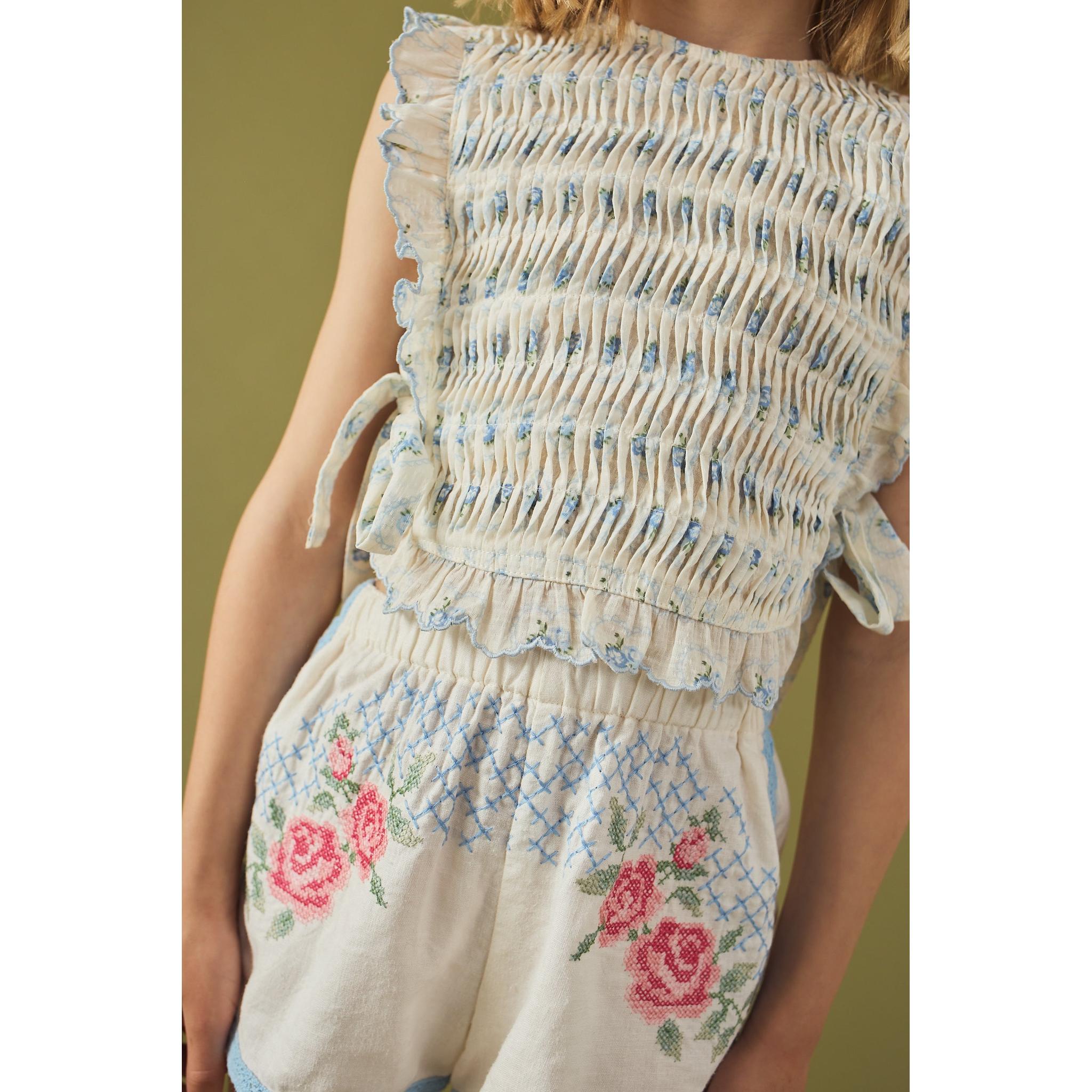 CASSIE RUFFLED TOP WITH SIDE TIES & ELLY CROSS-STITCH SHORTS WITH LACE TRIMS
