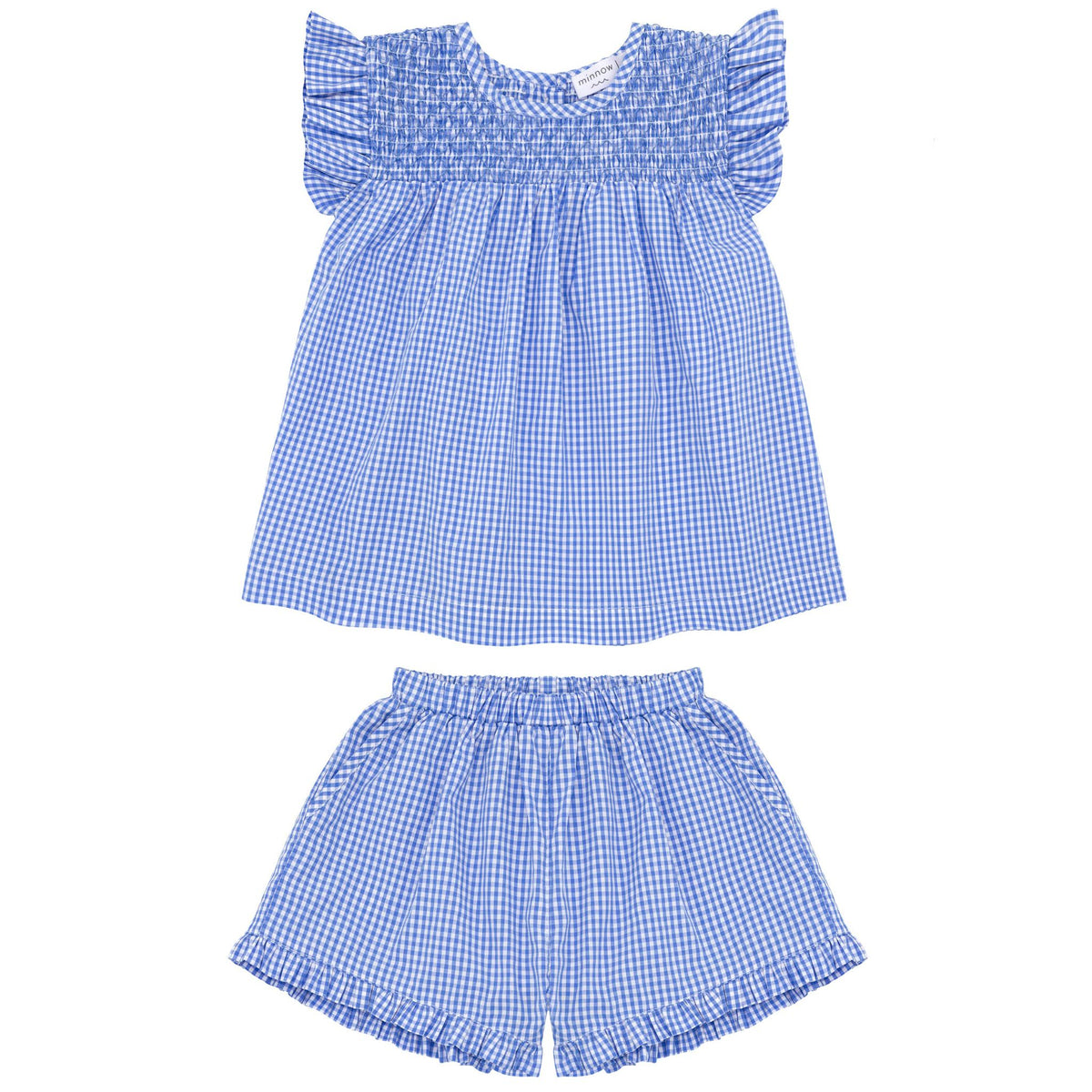 sky blue gingham smocked top and short set
