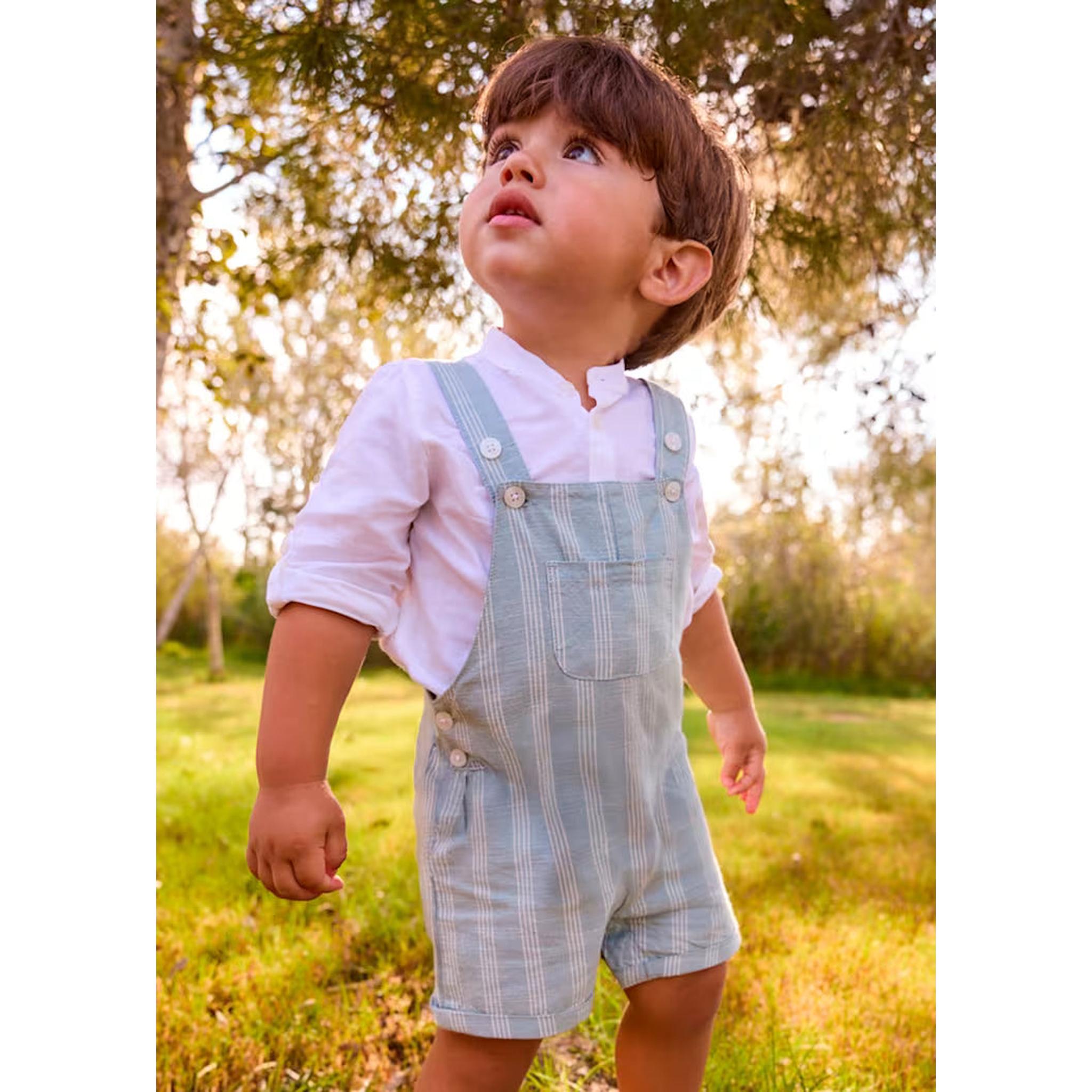 Baby Linen Striped Dungaree - Green