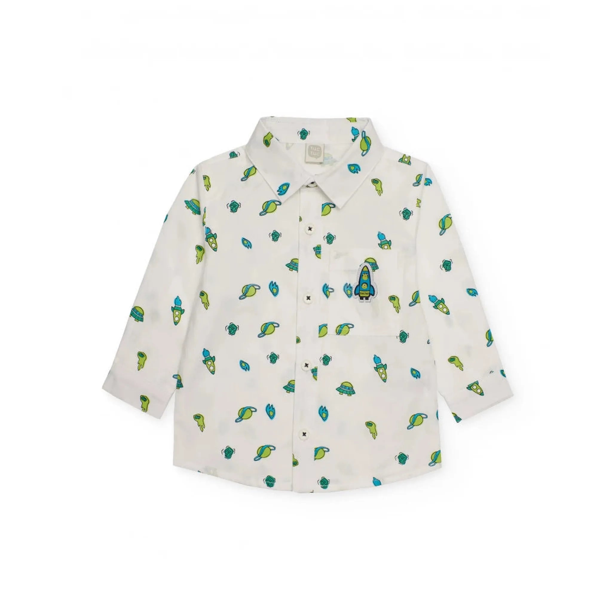 Camisa para niño de manga larga color blanco con estampado de temática espacial en tonos verde y azul