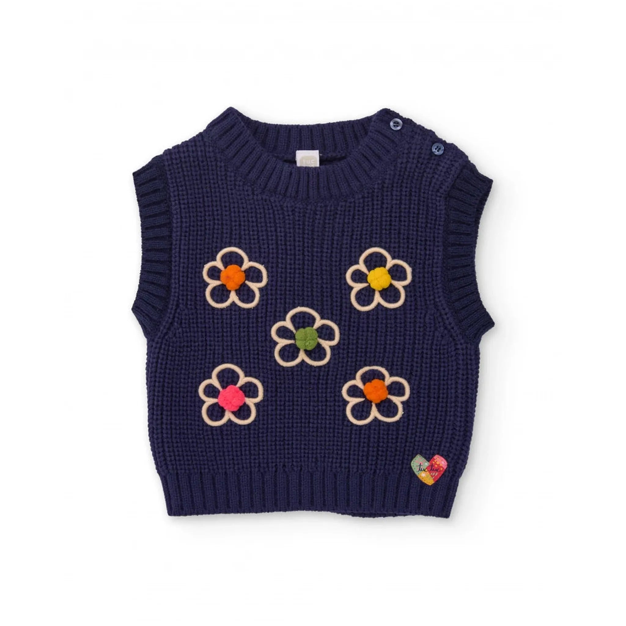 Chaleco de punto para niña color azul marino con bordado de flores