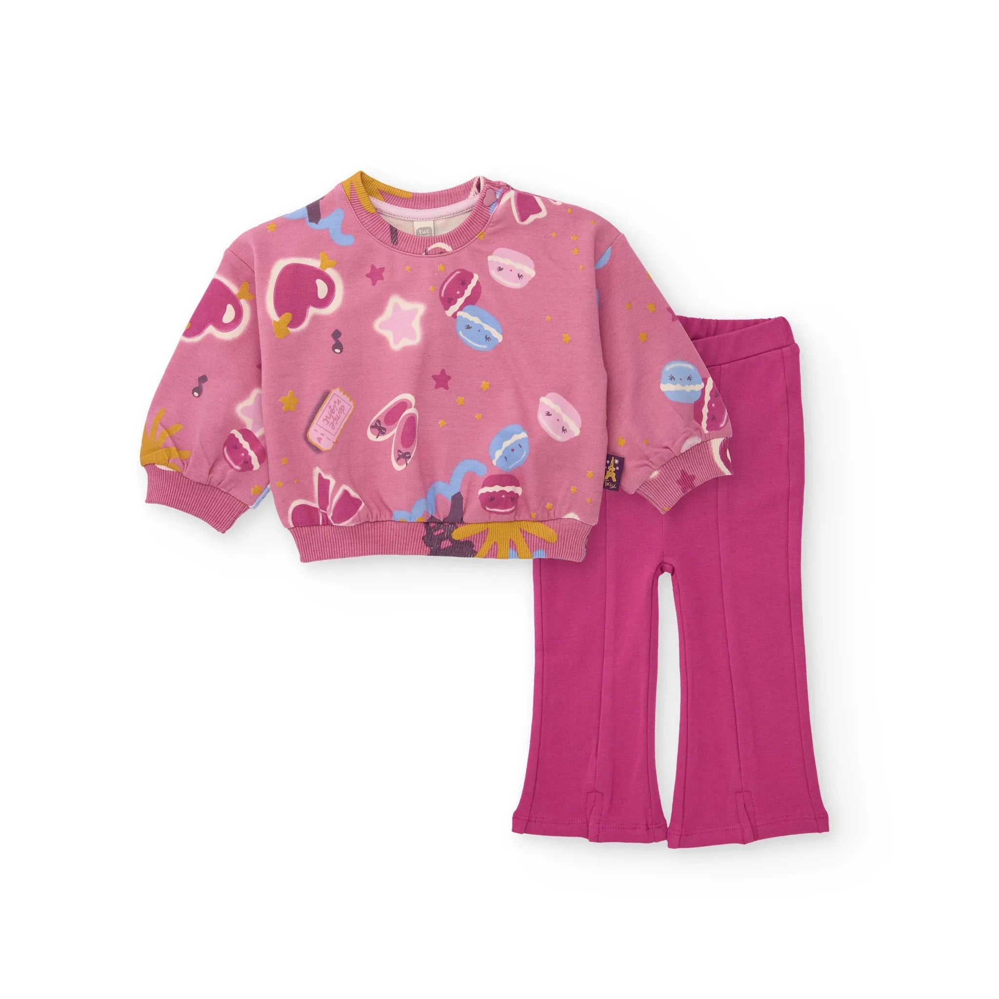 Conjunto para niña de sudadera rosa con estampado divertido y pantalón acampanado