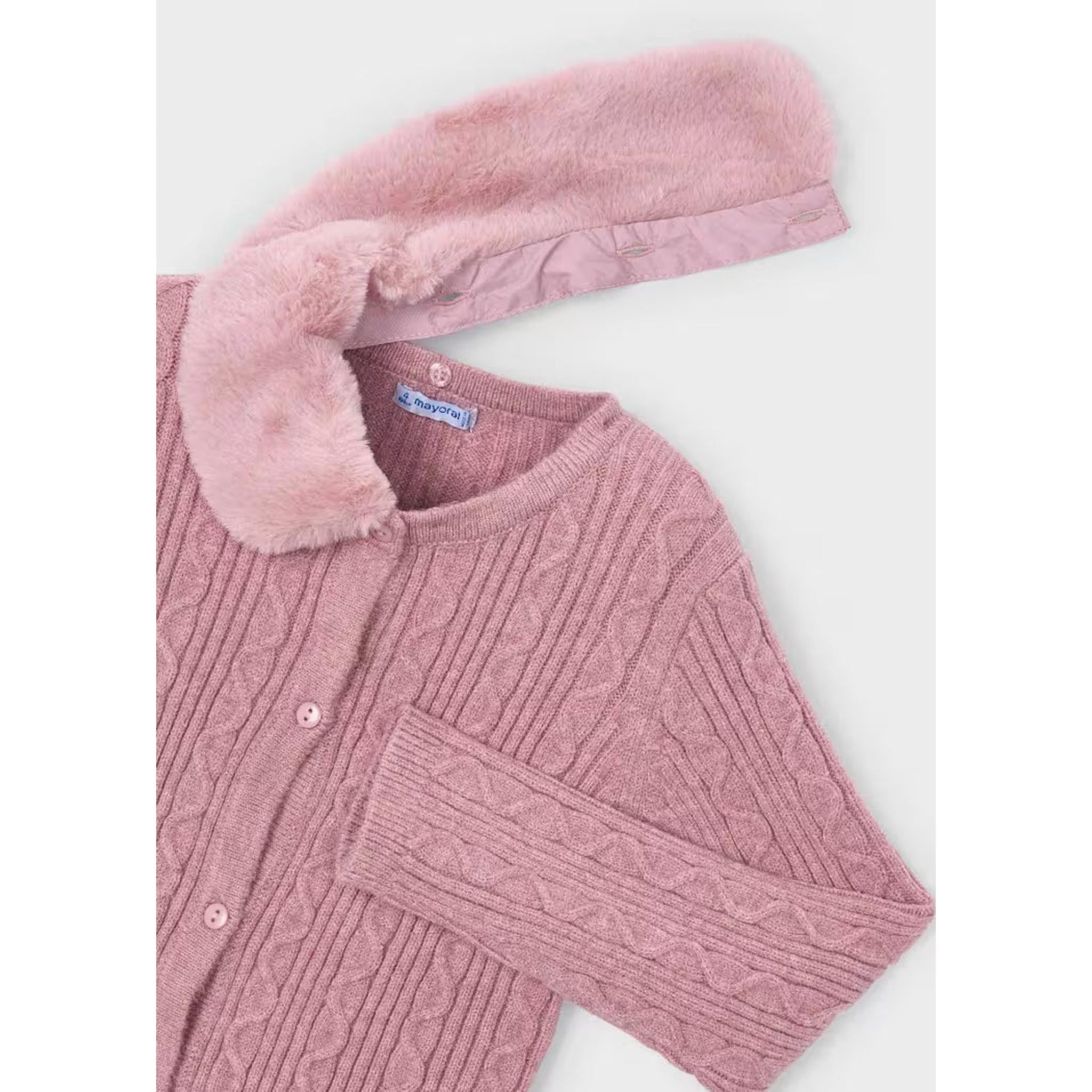 Girl Knit Cardigan With Faux Fur Collar