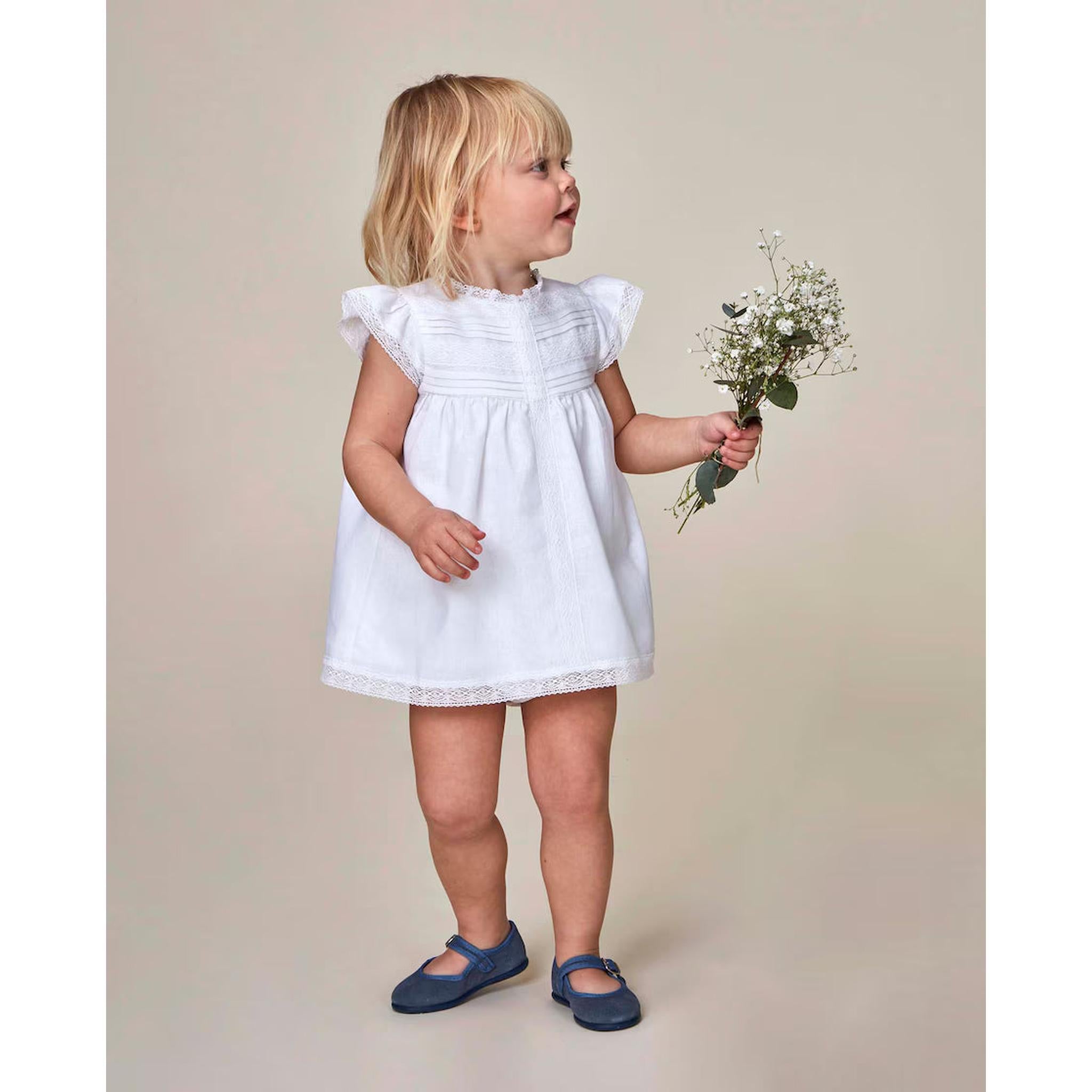 Vestido Lino Tiras Bordadas Bebe