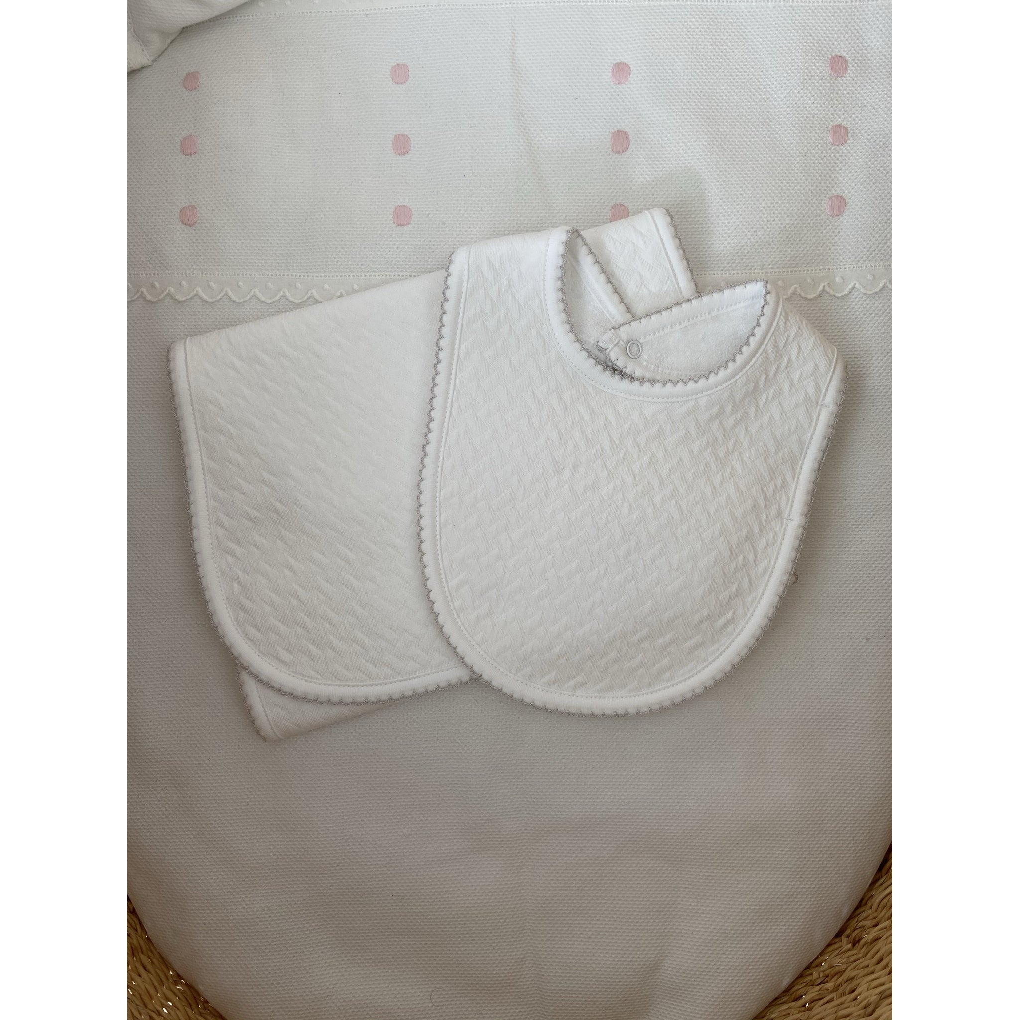 White Basket Burp & Bib Set - Gray Trim